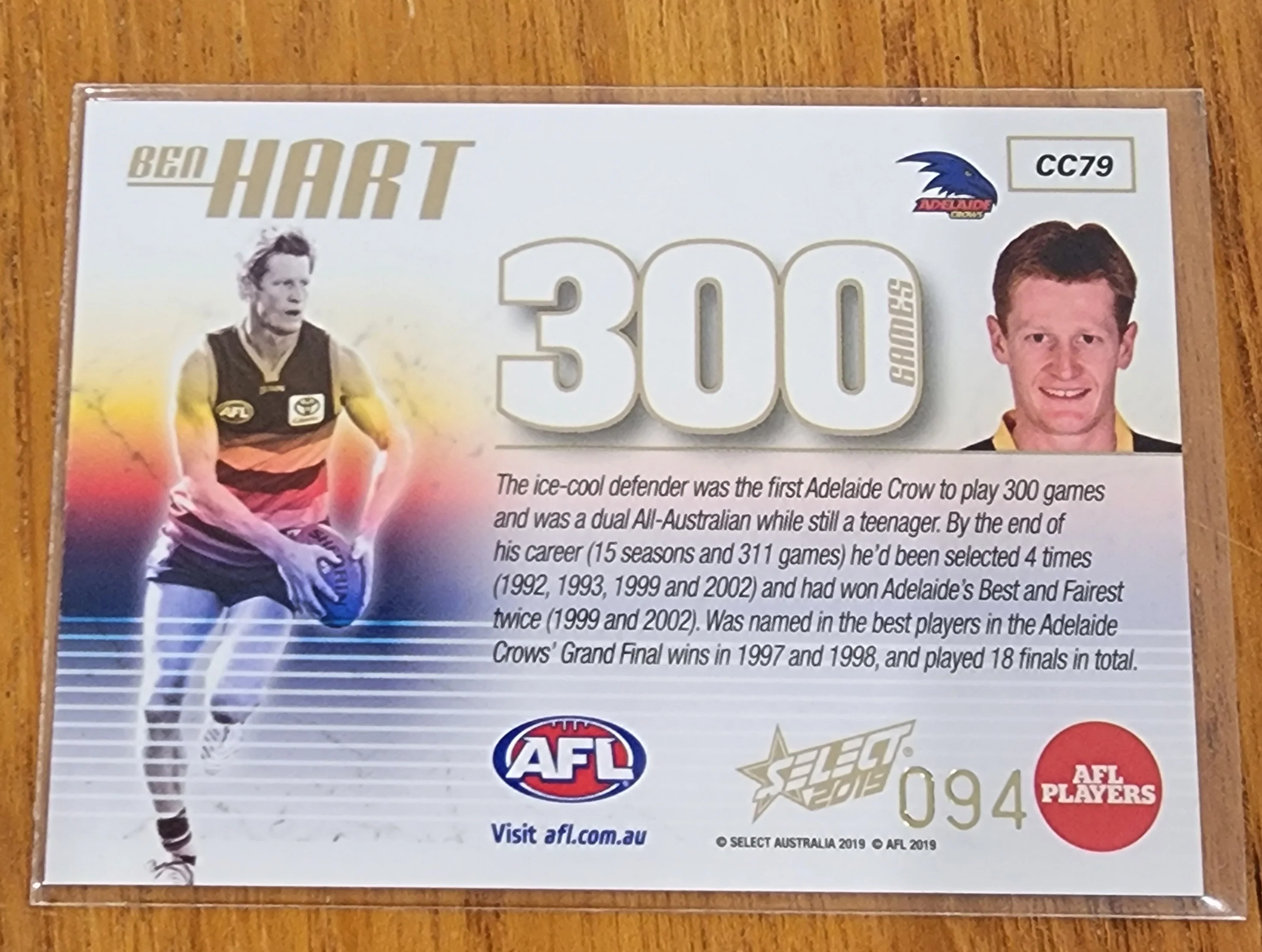 2019 AFL Select 300 games card Ben Hart Adelaide Crows CC79 #94 - Image 2
