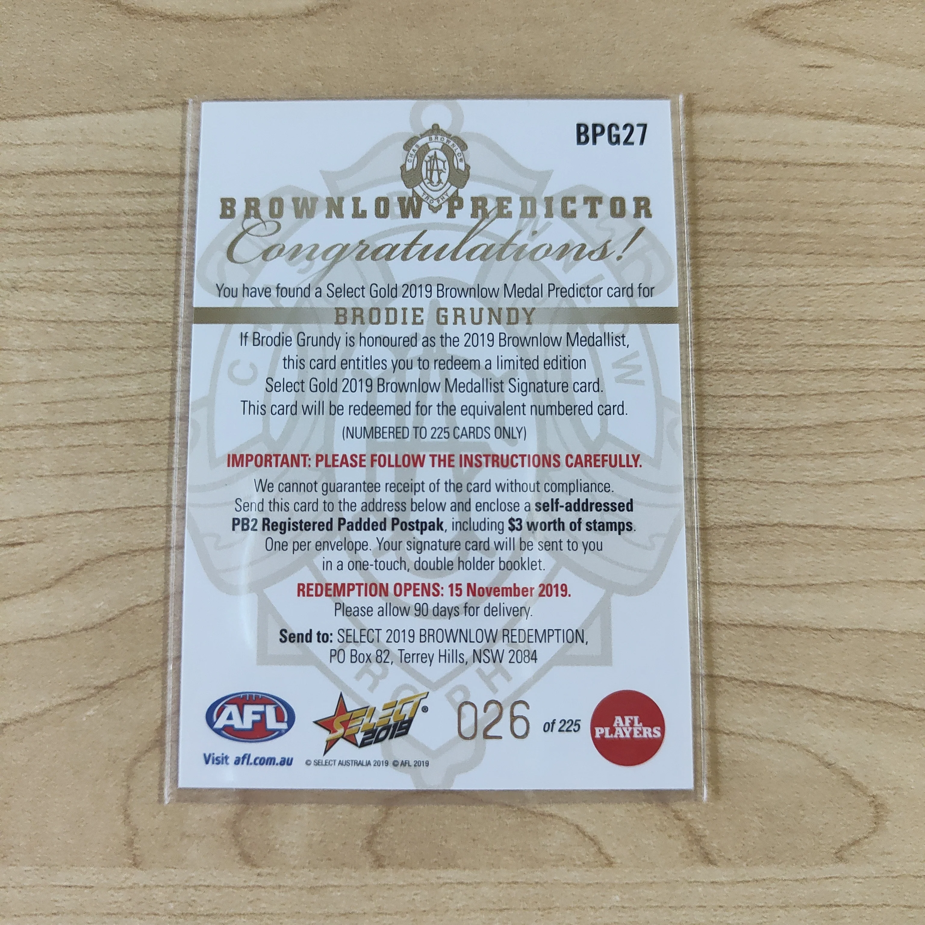 2019 AFL Select Brownlow Predictor Brodie Grundy Collingwood No.026/225 - Image 2