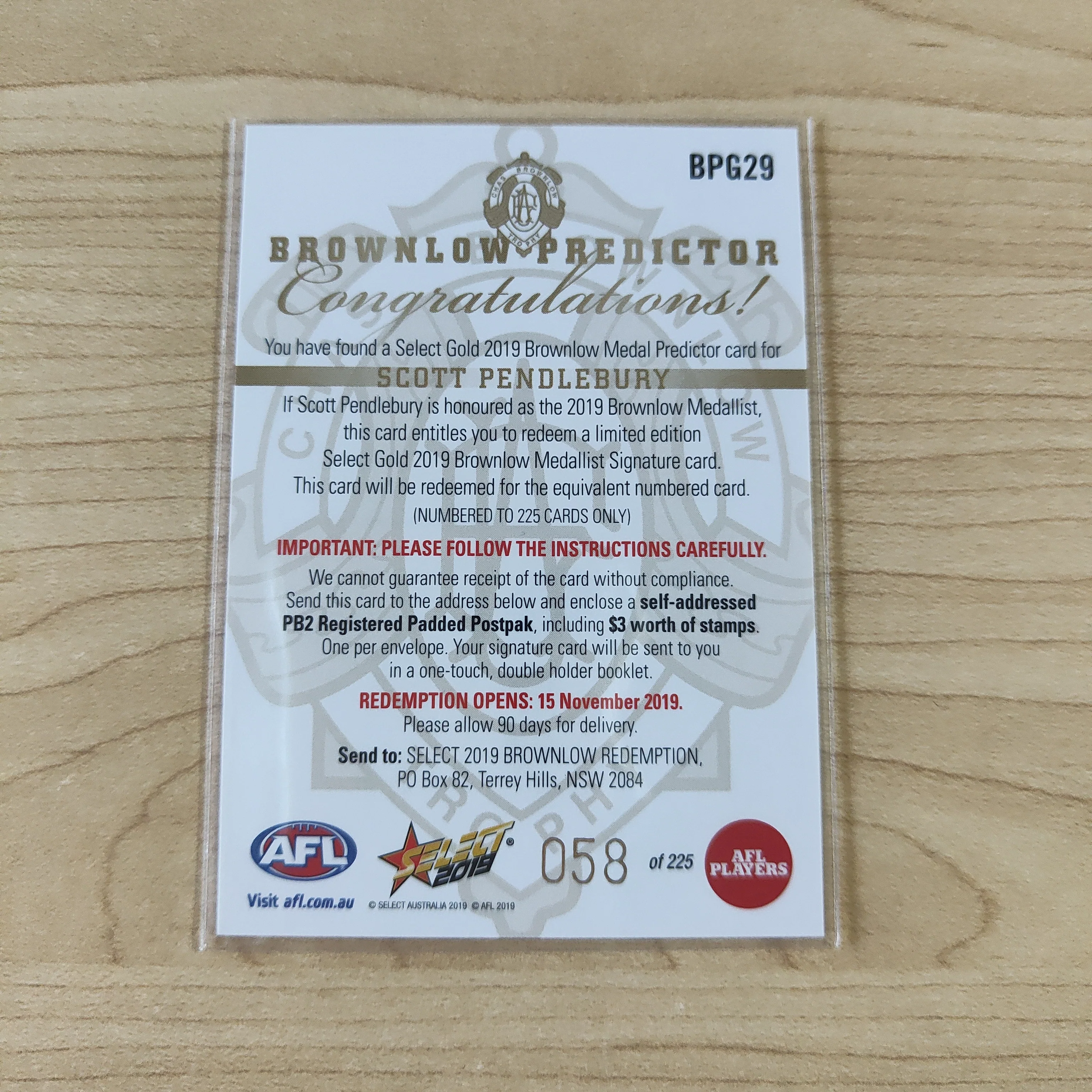 2019 AFL Select Brownlow Predictor Scott Pendlebury Collingwood No.058/225 - Image 2
