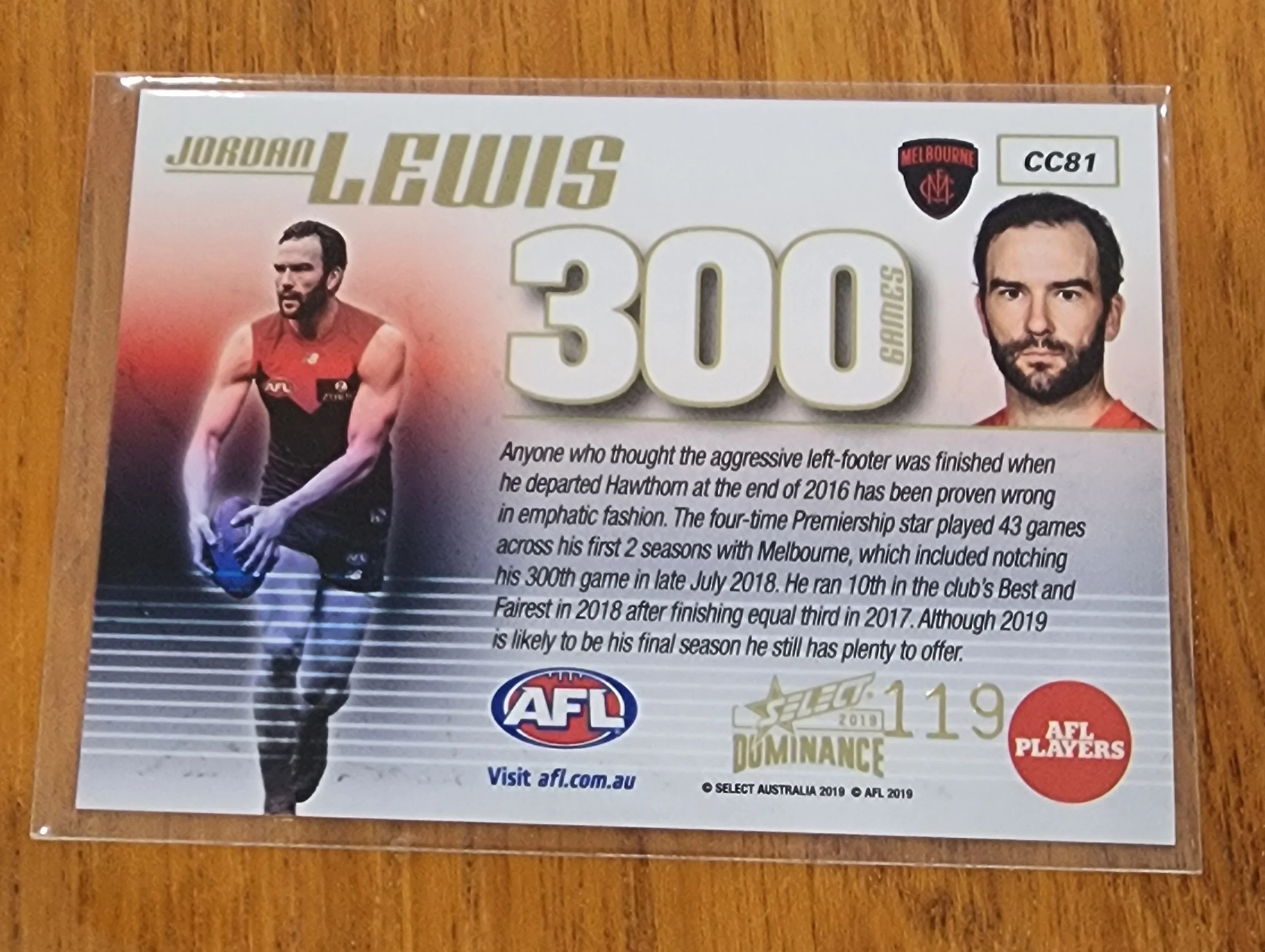 2019 AFL Select Dominance 300 games card Jordan Lewis Melbourne CC81 #119 - Image 2