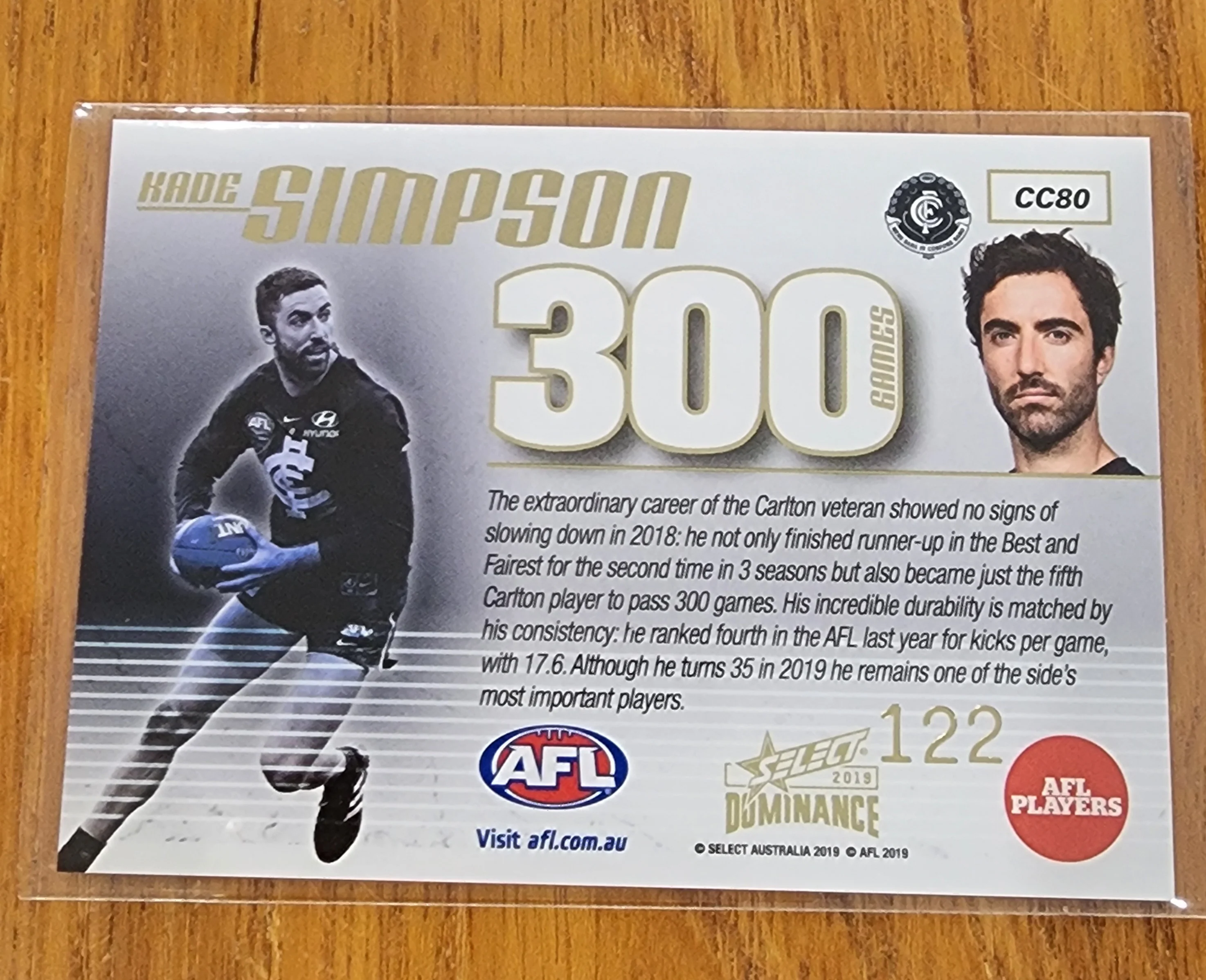 2019 AFL Select Dominance 300 games card Kade Simpson Carlton CC80 #122 - Image 2