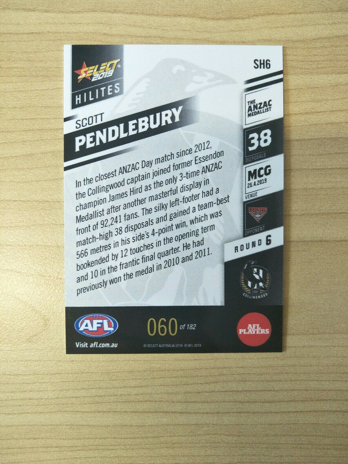 2019 AFL Select HILITES Card SCOTT PENDLEBURY Collingwood - Image 2