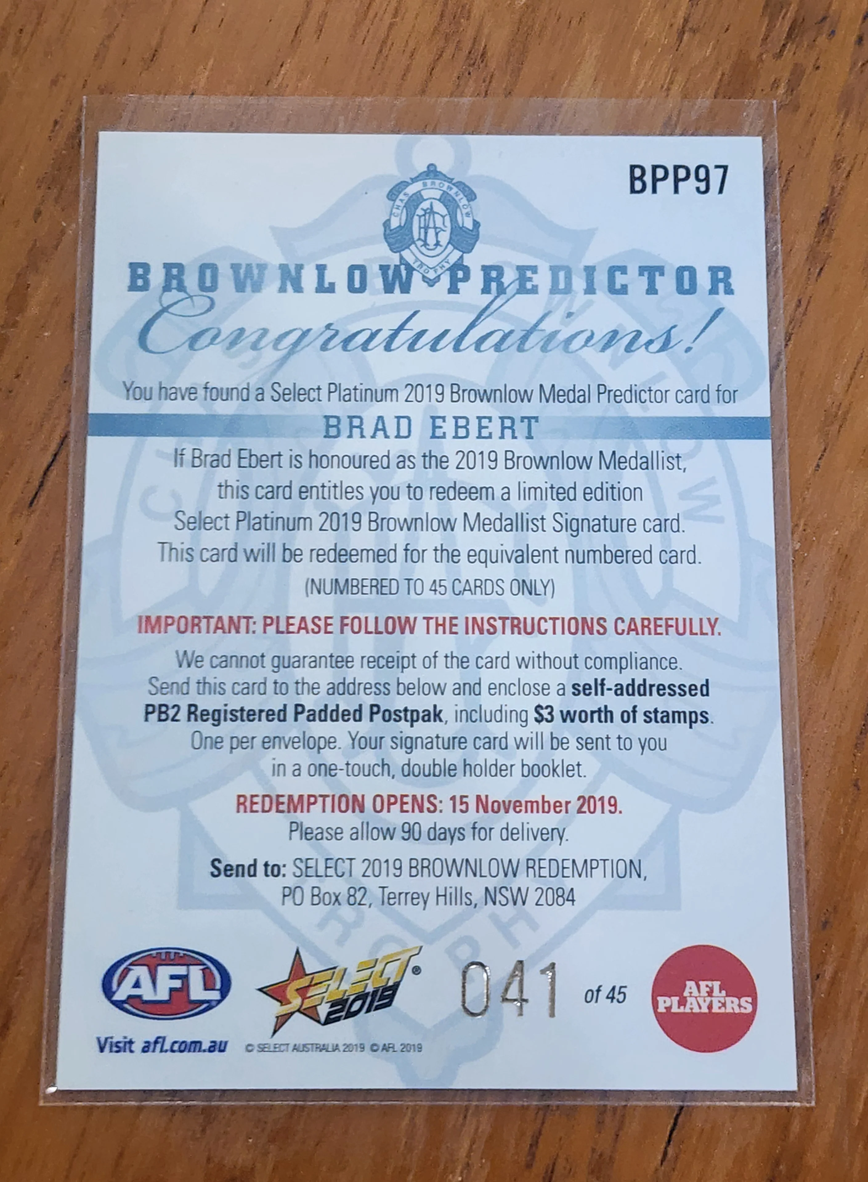 2019 AFL Select Platinum Brownlow Medal Predictor Brad Ebert Port Adelaide BPP97 041/45 - Image 2