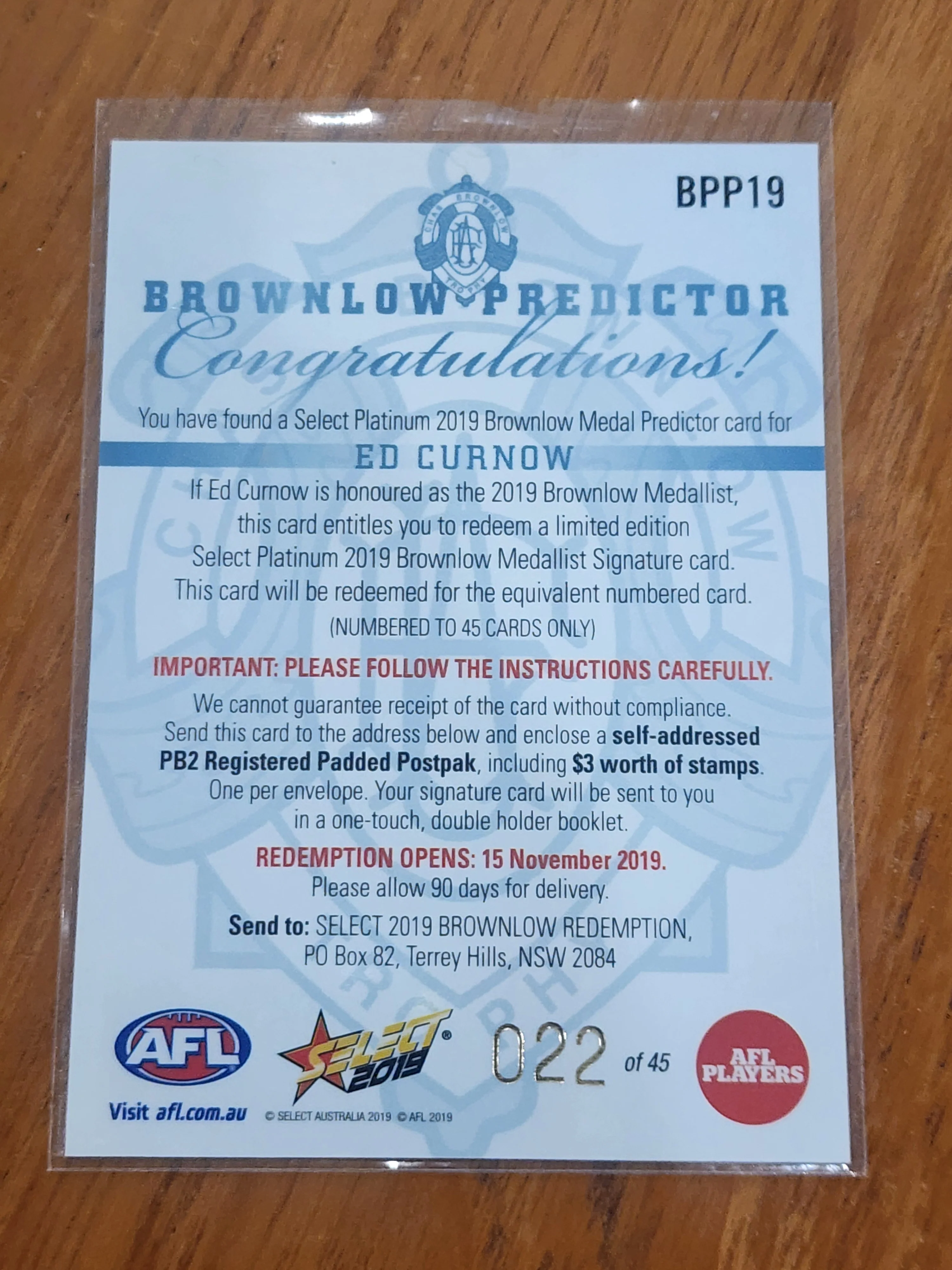 2019 AFL Select Platinum Brownlow Medal Predictor card Ed Curnow Carlton BPP19 022/45 - Image 2