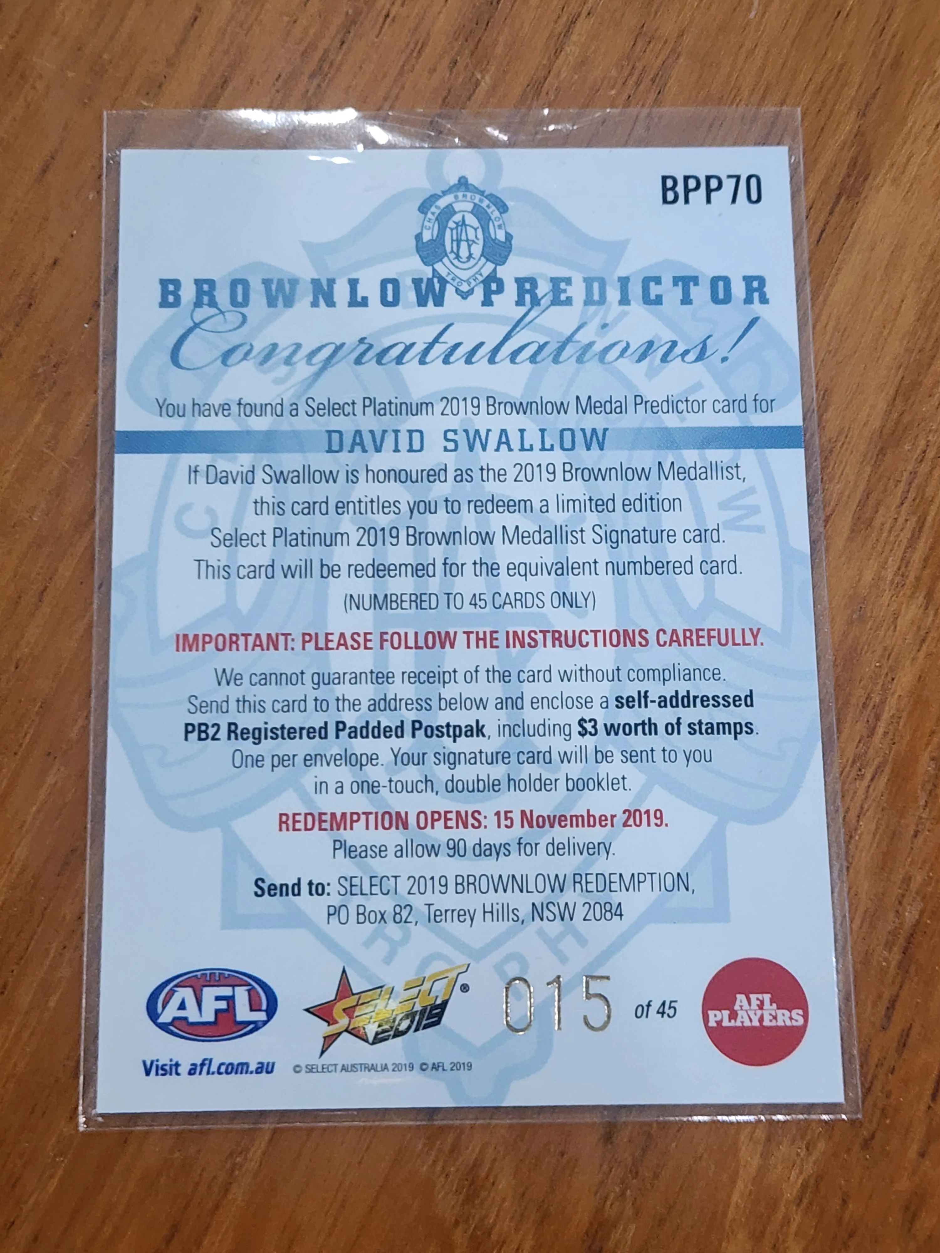 2019 AFL Select Platinum Brownlow Medal Predictor David Swallow Gold Coast Suns BPP70 015/45 - Image 2