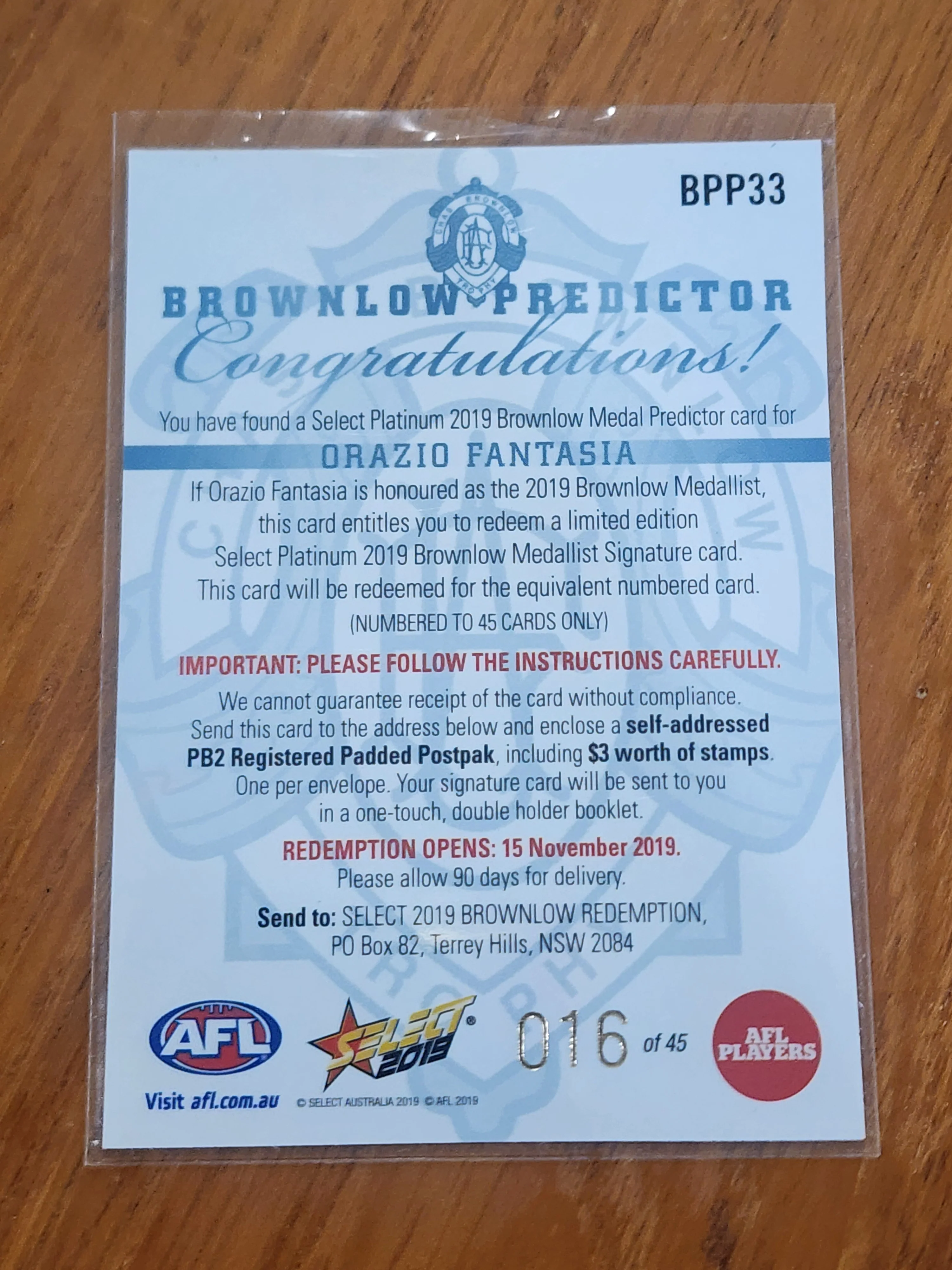 2019 AFL Select Platinum Brownlow Medal Predictor Orazio Fantasia Essendon BPO33 016/45 - Image 2