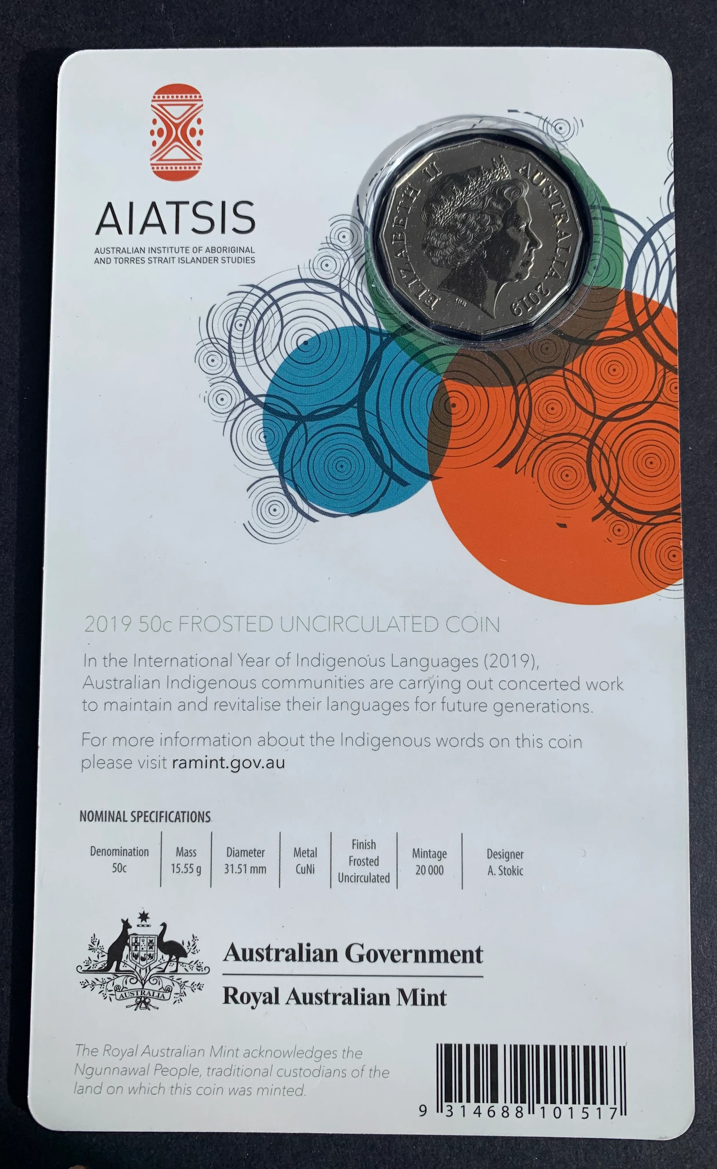 Australia 2019 Royal Australian Mint Indigenous Languages 50c Fifty Cents Carded Coin - Image 2