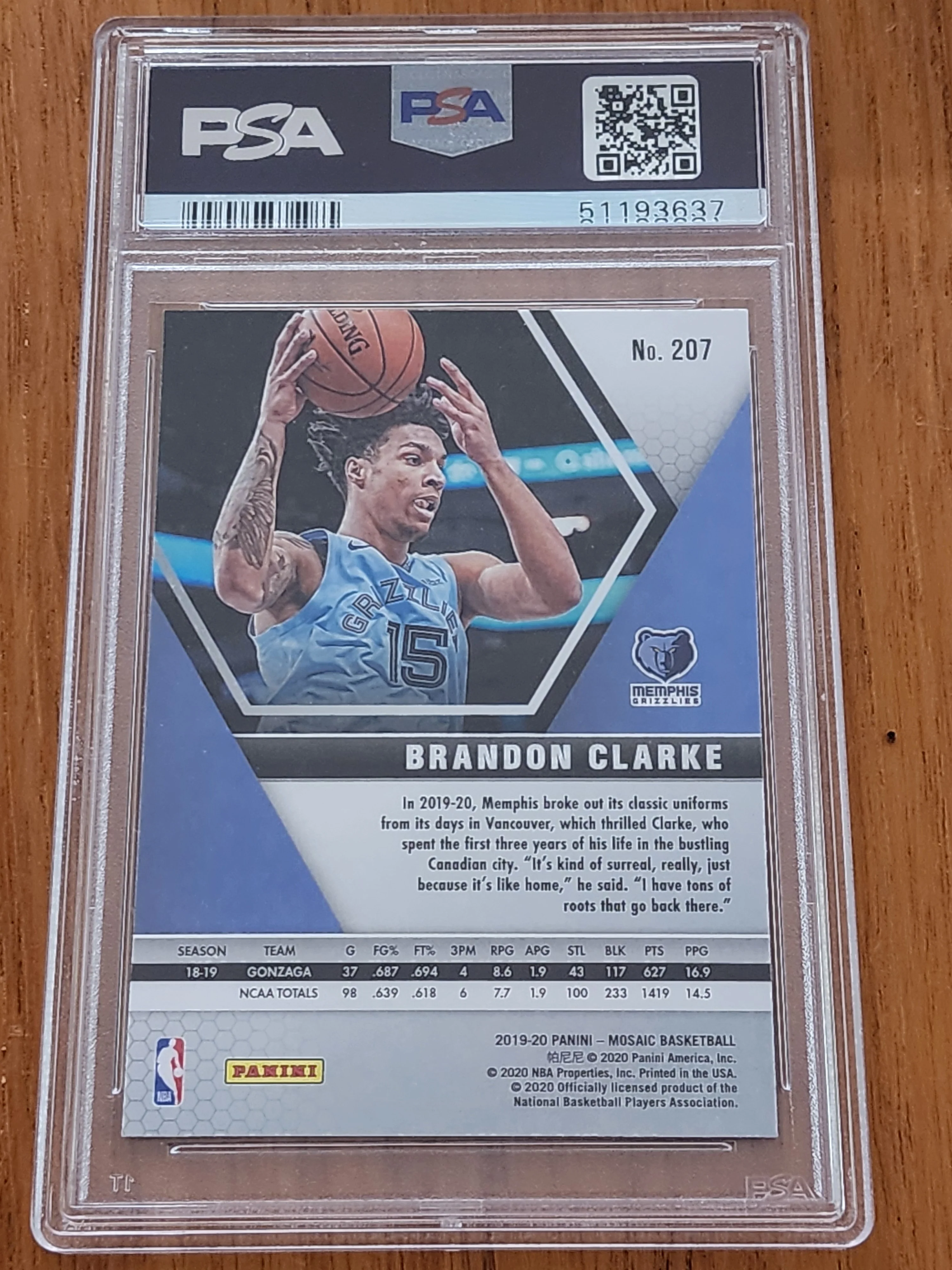 2019 Panini Mosaic Brandon Clarke #207 Memphis PSA GEM MT 10 - Image 2