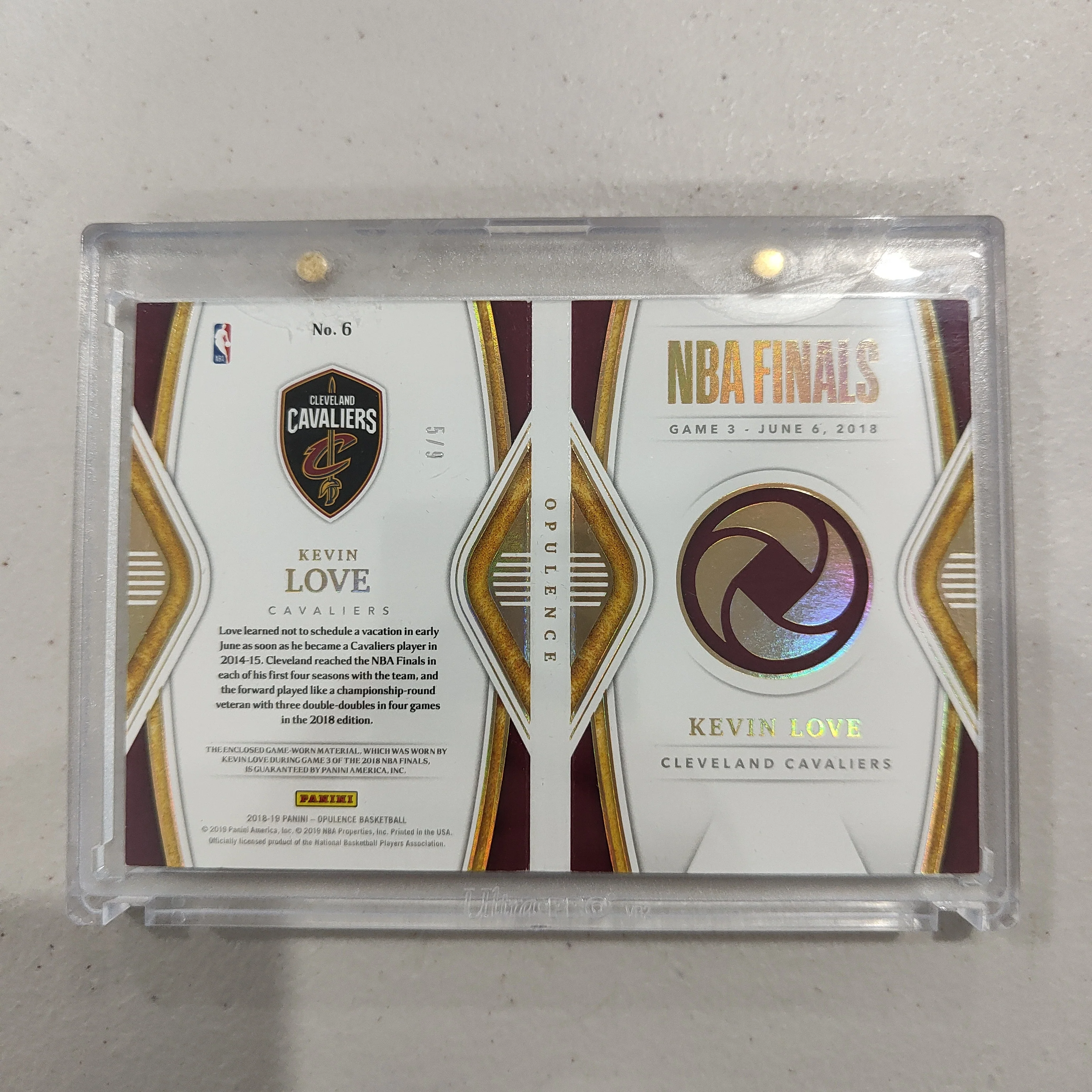 2019 Panini Opulence NBA Finals Kevin Love Cleveland Cavaliers Patch Card 5/9 - Image 2