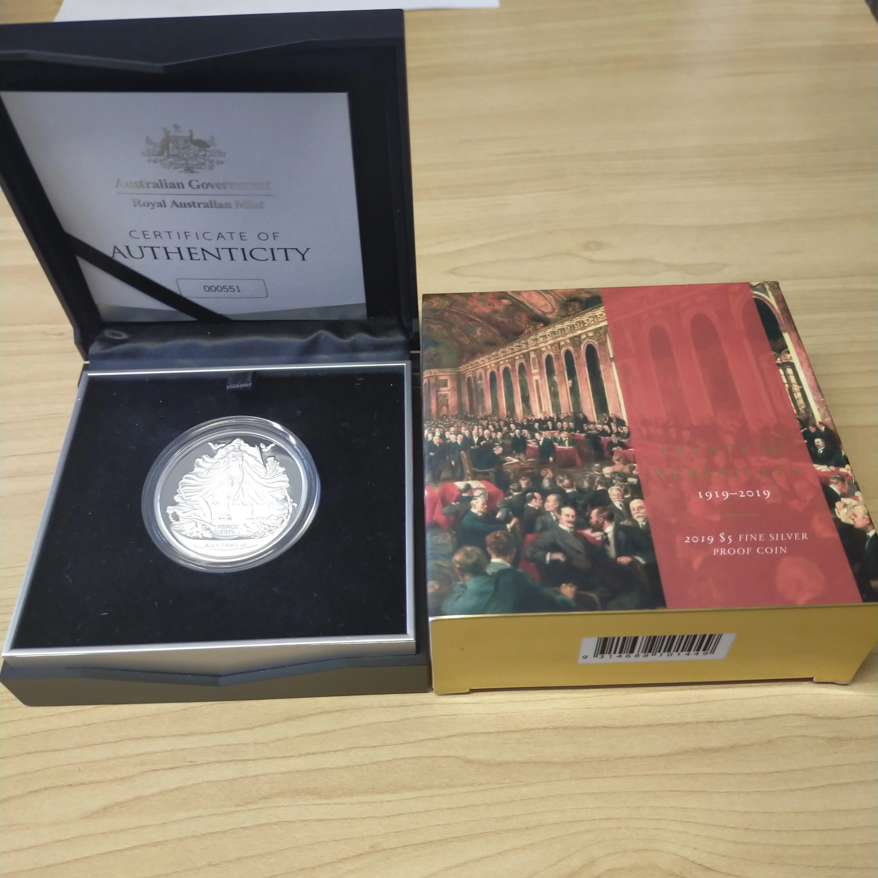 2019 Royal Australian Mint $5 Treaty Of Versailles 1oz .999 Silver Proof Coin - Image 2