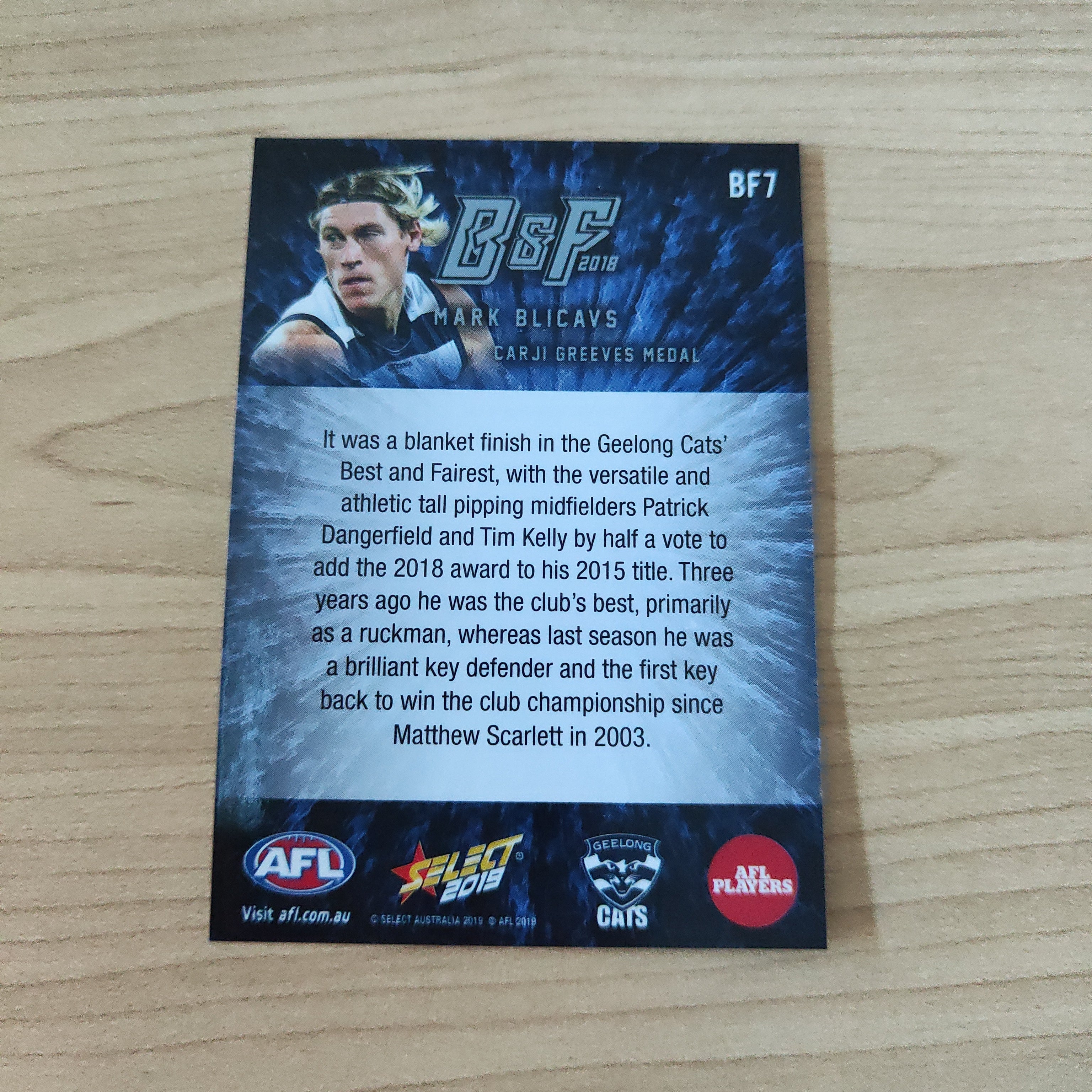 2019 Select AFL Footy Stars Best And Fairest Mark Blicavs Geelong - Image 2