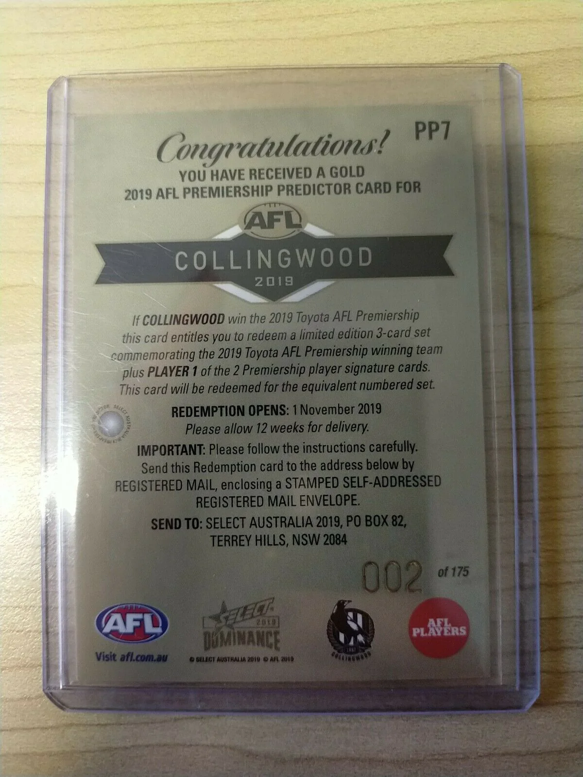 2019 Select Dominance Gold Premiership Predictor Collingwood LOW NUMBER 002/175 - Image 2