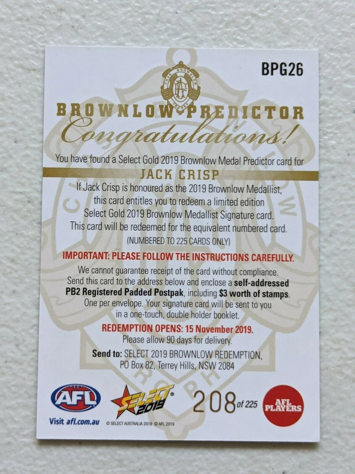 2019 SELECT FOOTY STARS JACK CRISP BROWNLOW PREDICTOR Collingwood 208/225 - Image 2