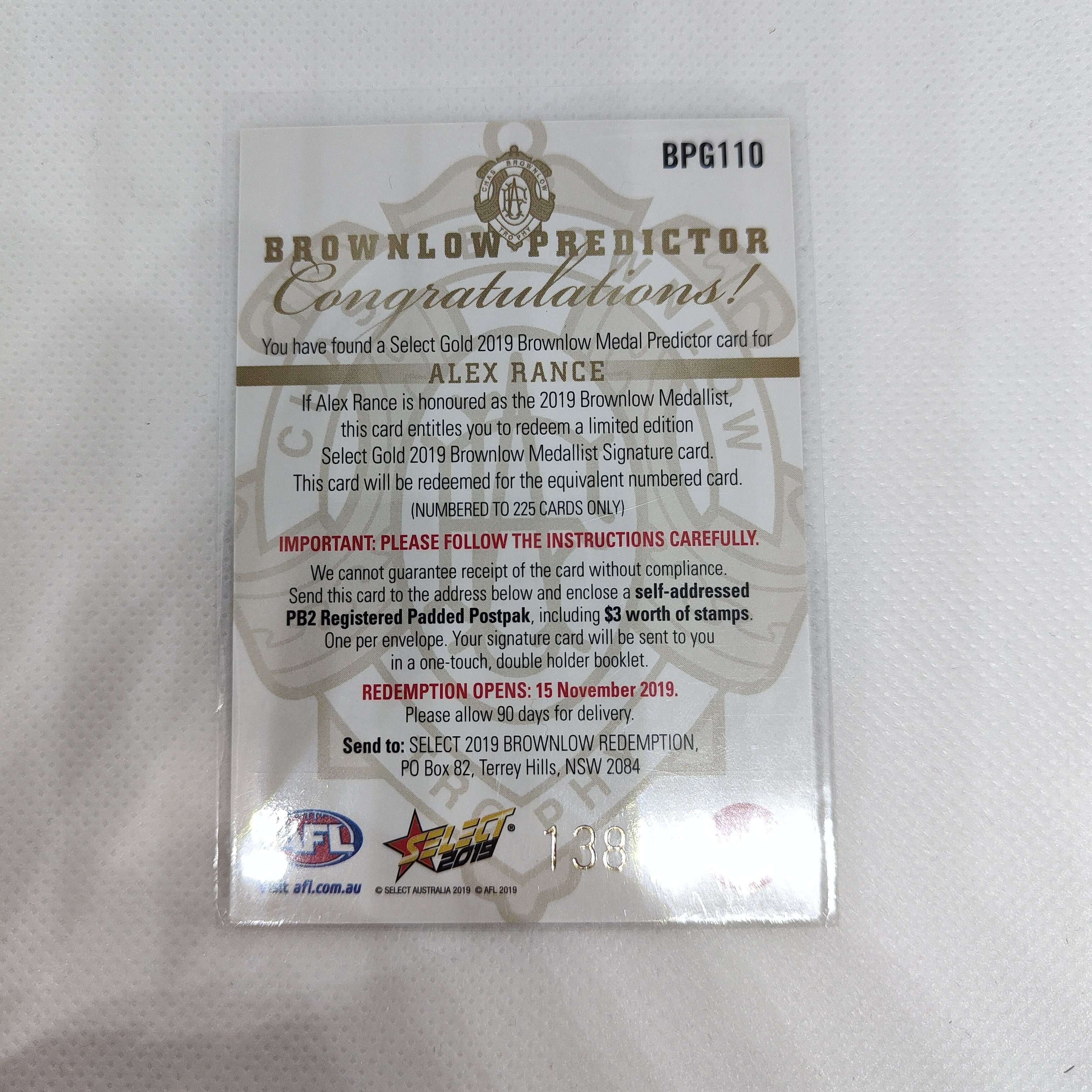 2019 Select Gold Brownlow Predictor Alex Rance Richmond - Image 2