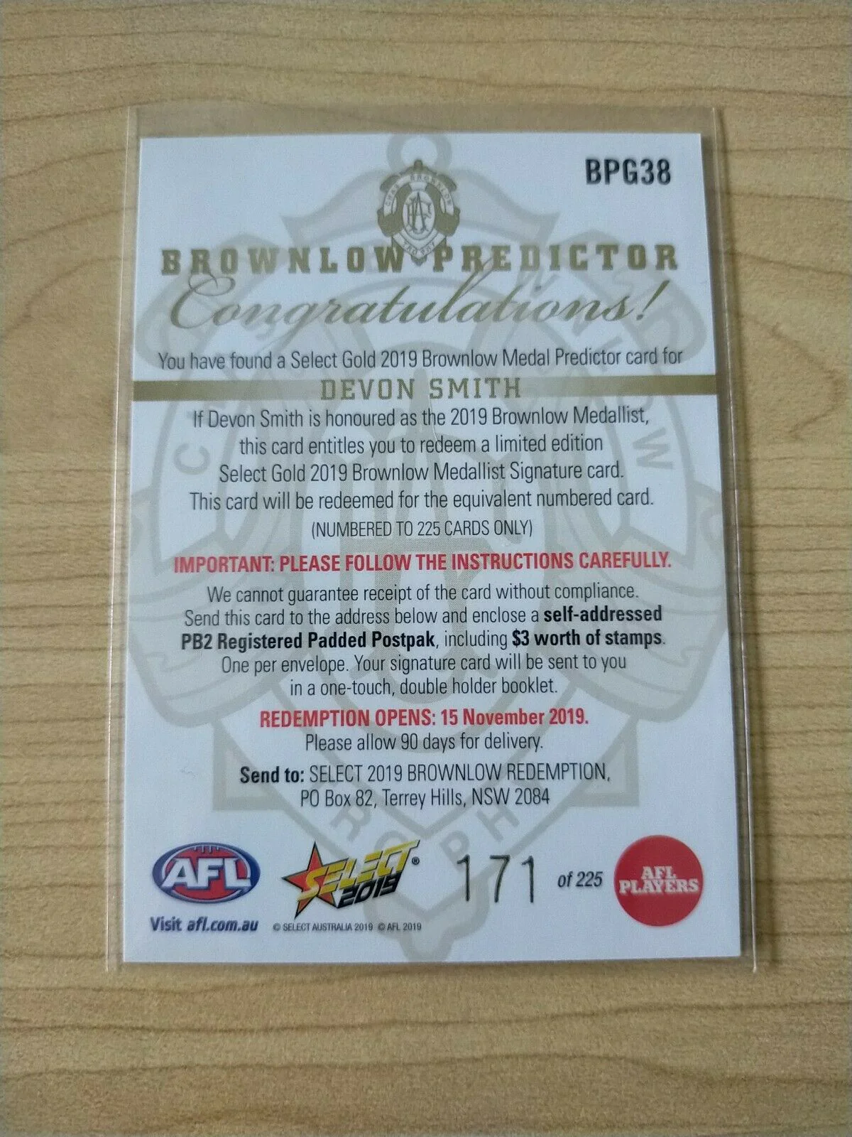 2019 Select Gold Brownlow Predictor Devon Smith Essendon - Image 2