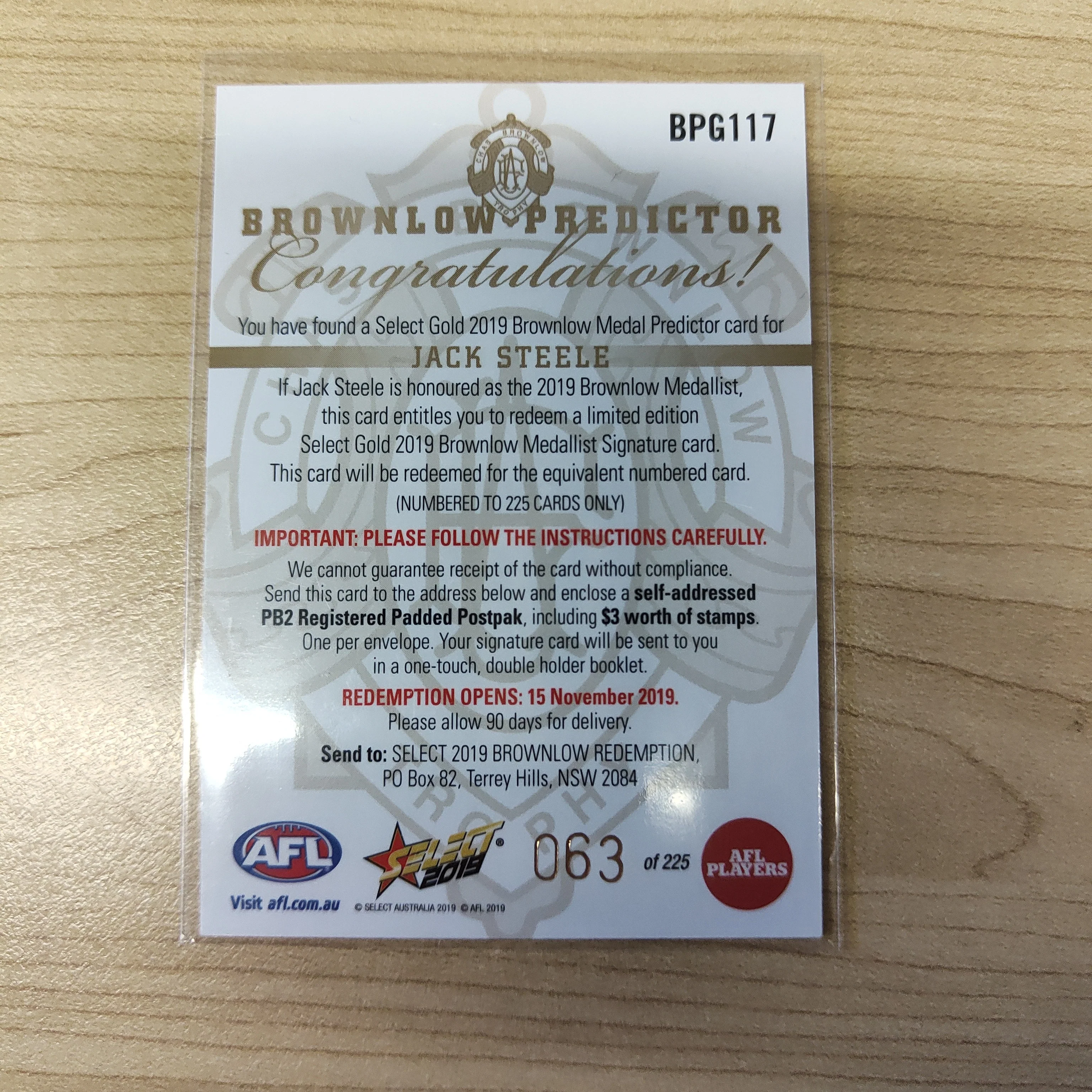 2019 Select Gold Brownlow Predictor Jack Steele St Kilda - Image 2