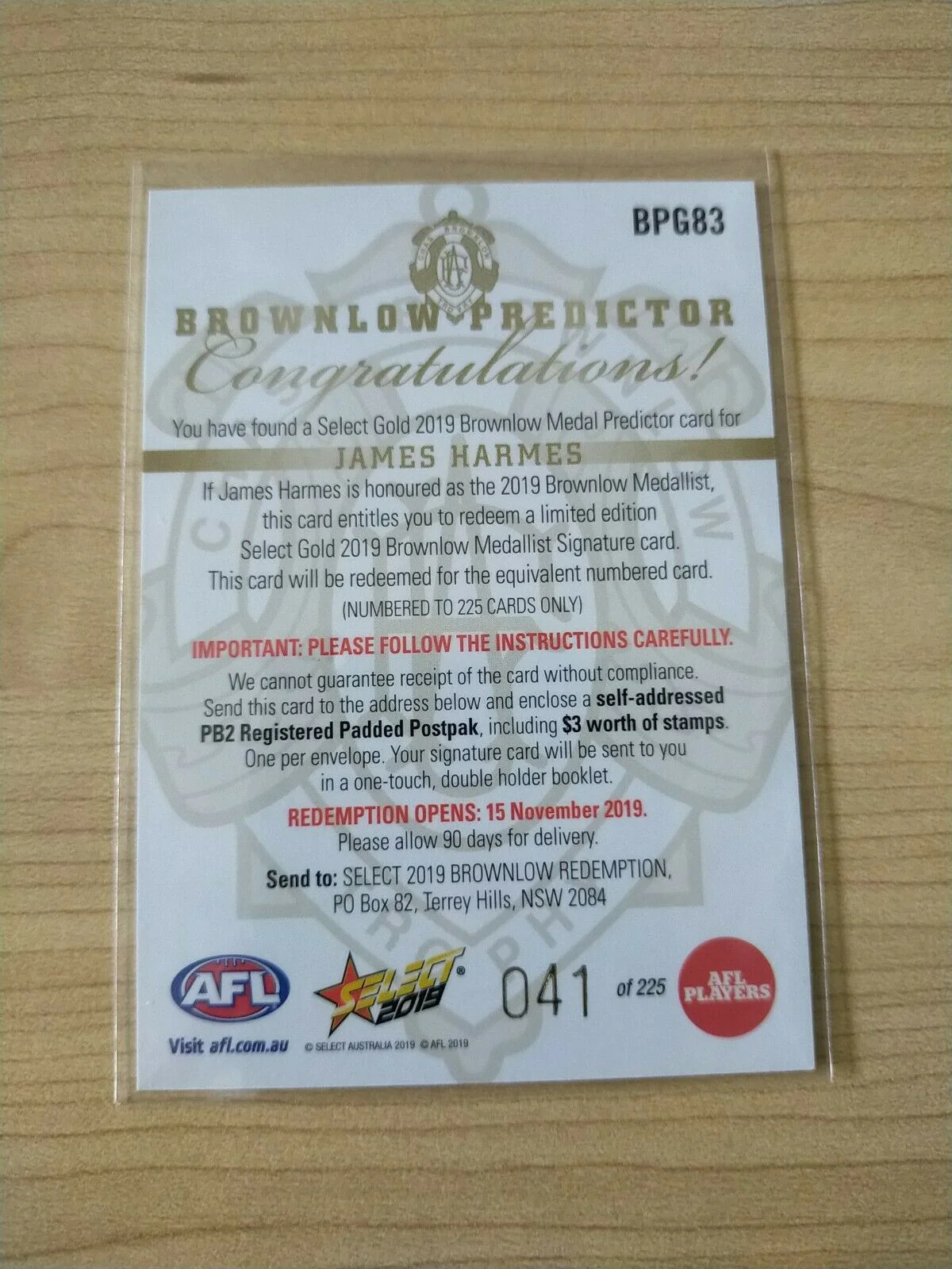 2019 Select Gold Brownlow Predictor James Harmes Melbourne - Image 2