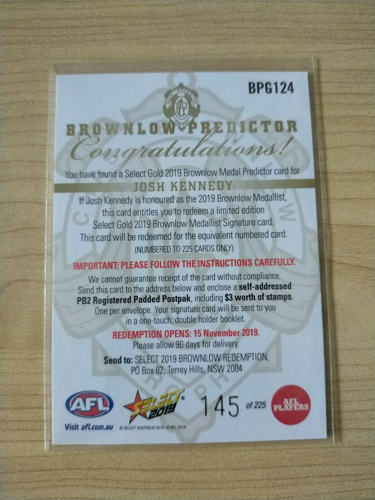 2019 Select Gold Brownlow Predictor Josh Kennedy Sydney - Image 2