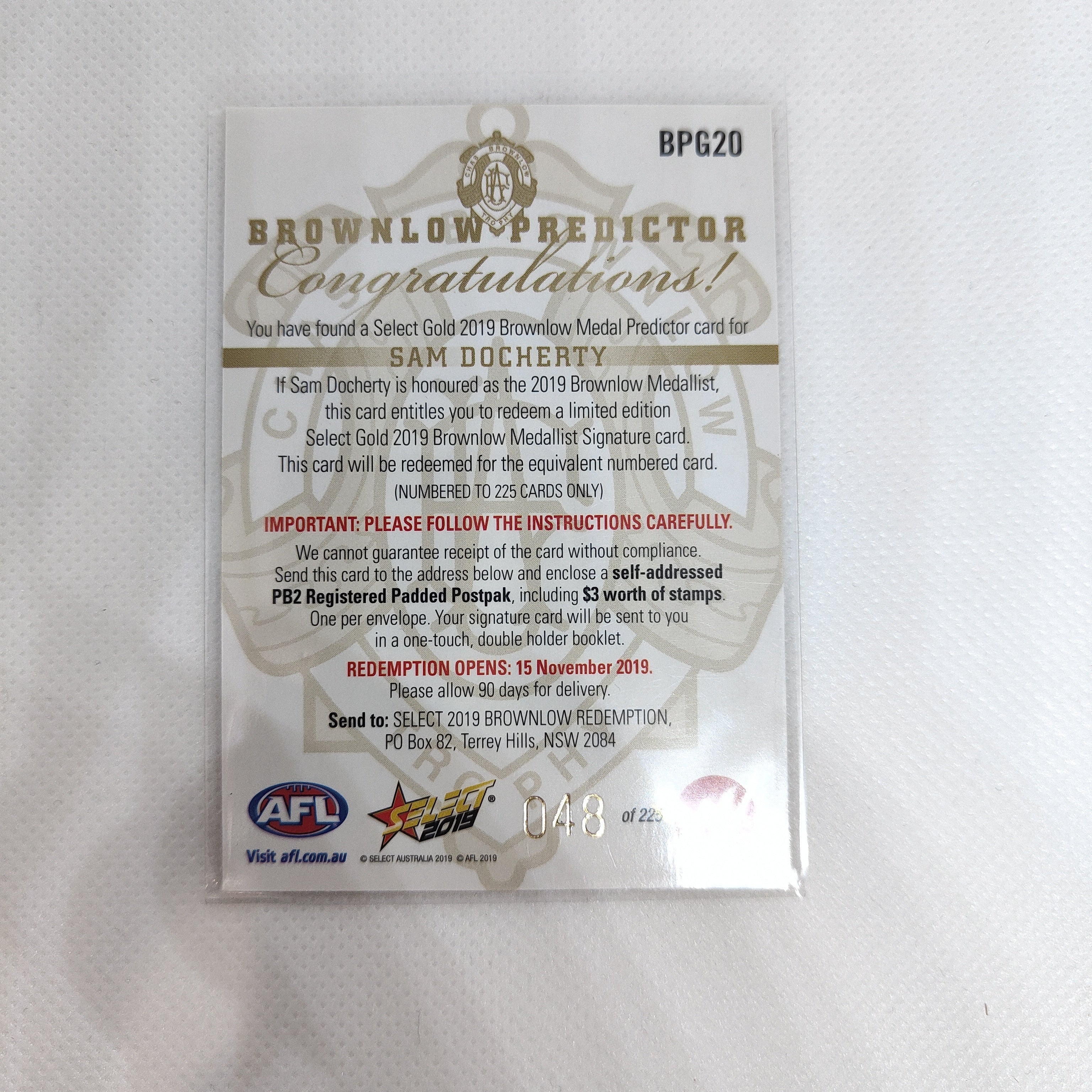 2019 Select Gold Brownlow Predictor Sam Docherty Carlton - Image 2