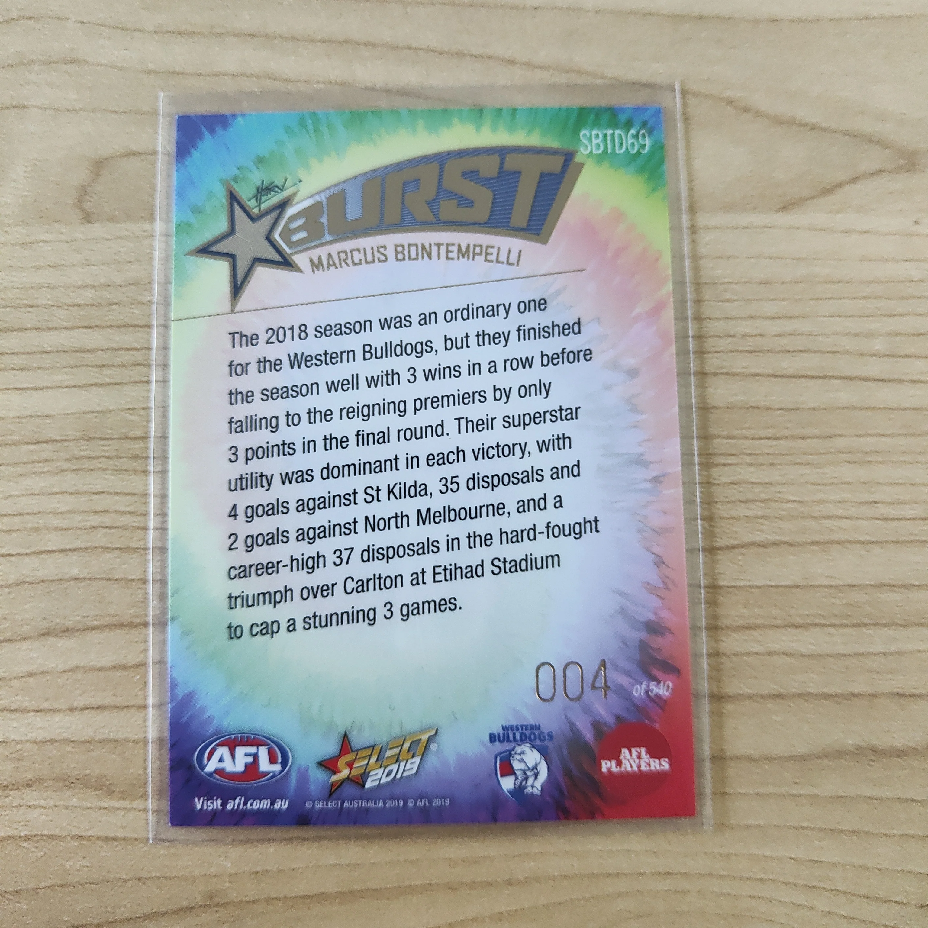 2019 Select Star Burst Tie Dye Marcus Bontempelli Western Bulldogs LOW NUMBER No.004/540 - Image 2