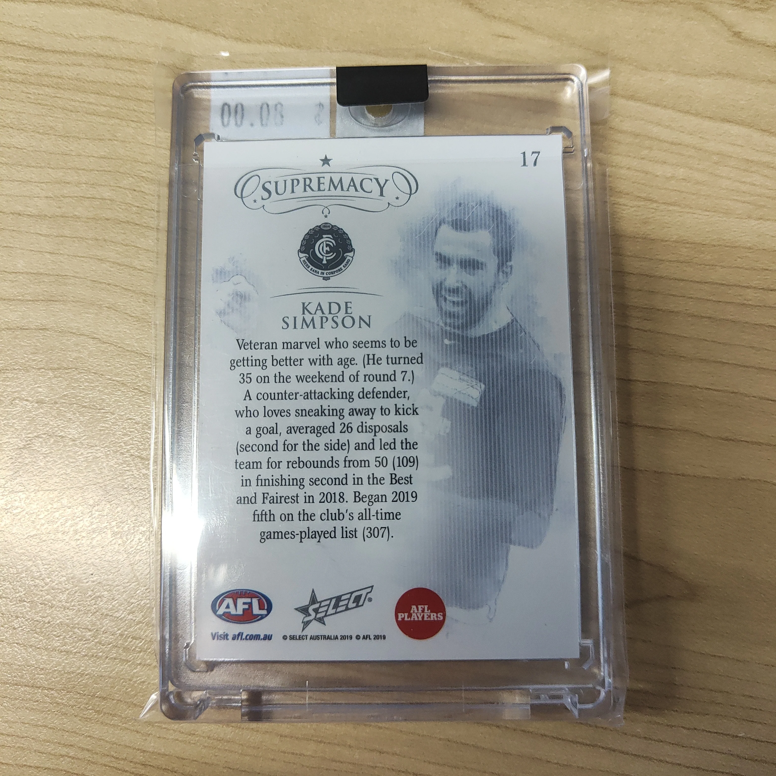 2019 Select Supremacy Silver Base Card Kade Simpson Carlton 70/90 - Image 2