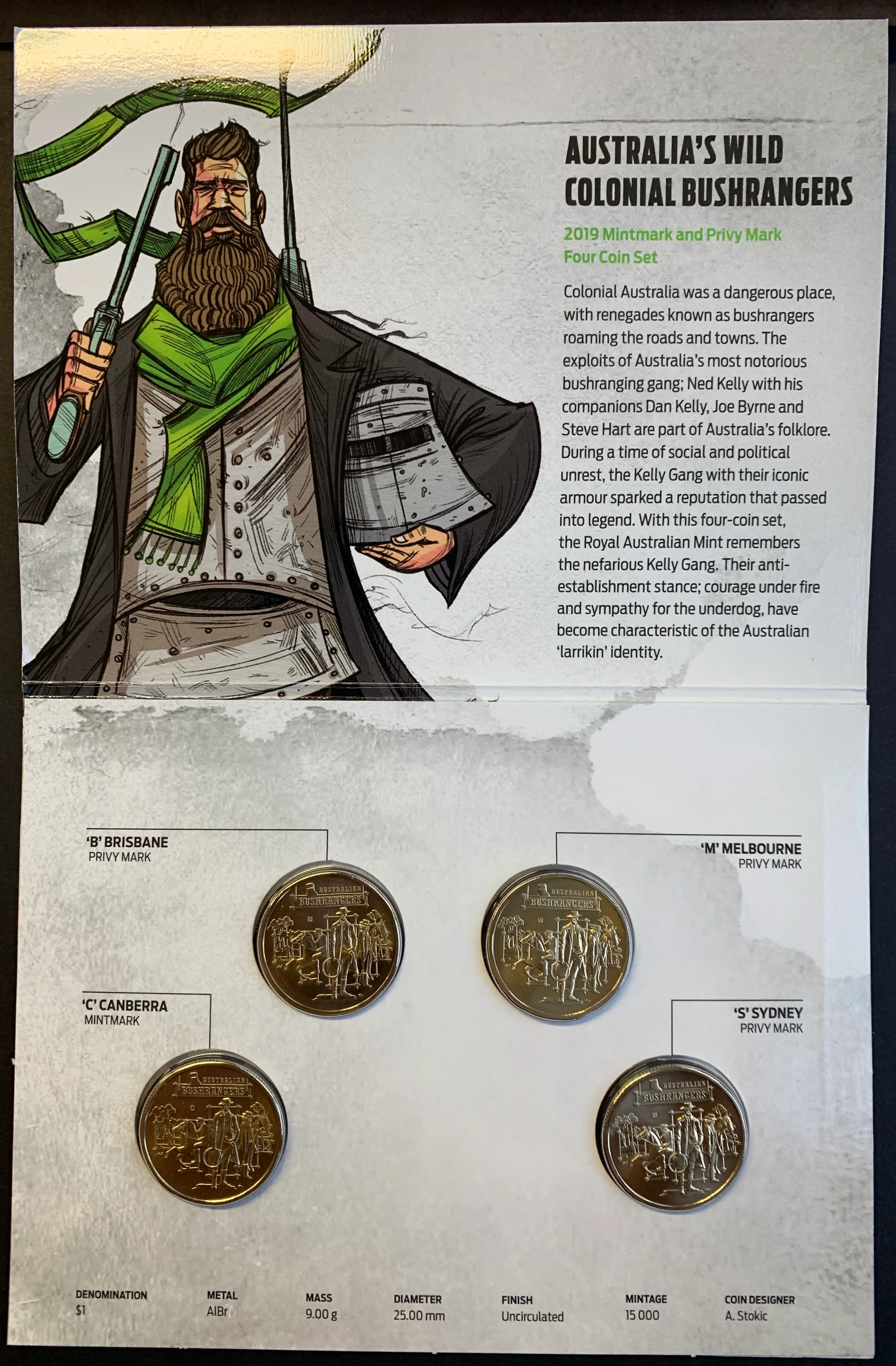 2019 THE BOLD BAD & UGLY DOLLAR Four $1 Coin Uncirculated C, B, S & M Privy Mark Set - Image 2