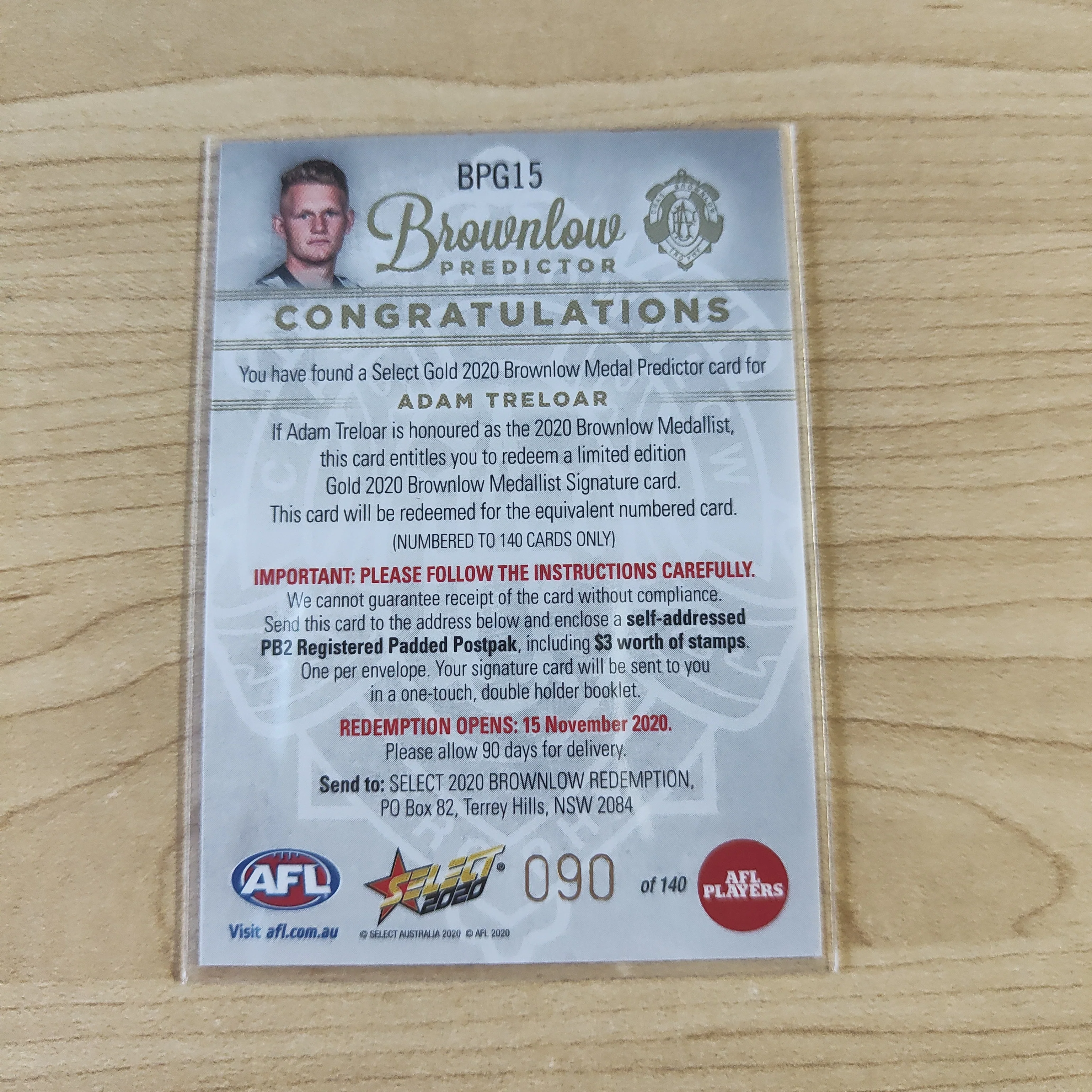 2020 AFL Select Brownlow Predictor Adam Treloar Collingwood No.090/140 - Image 2