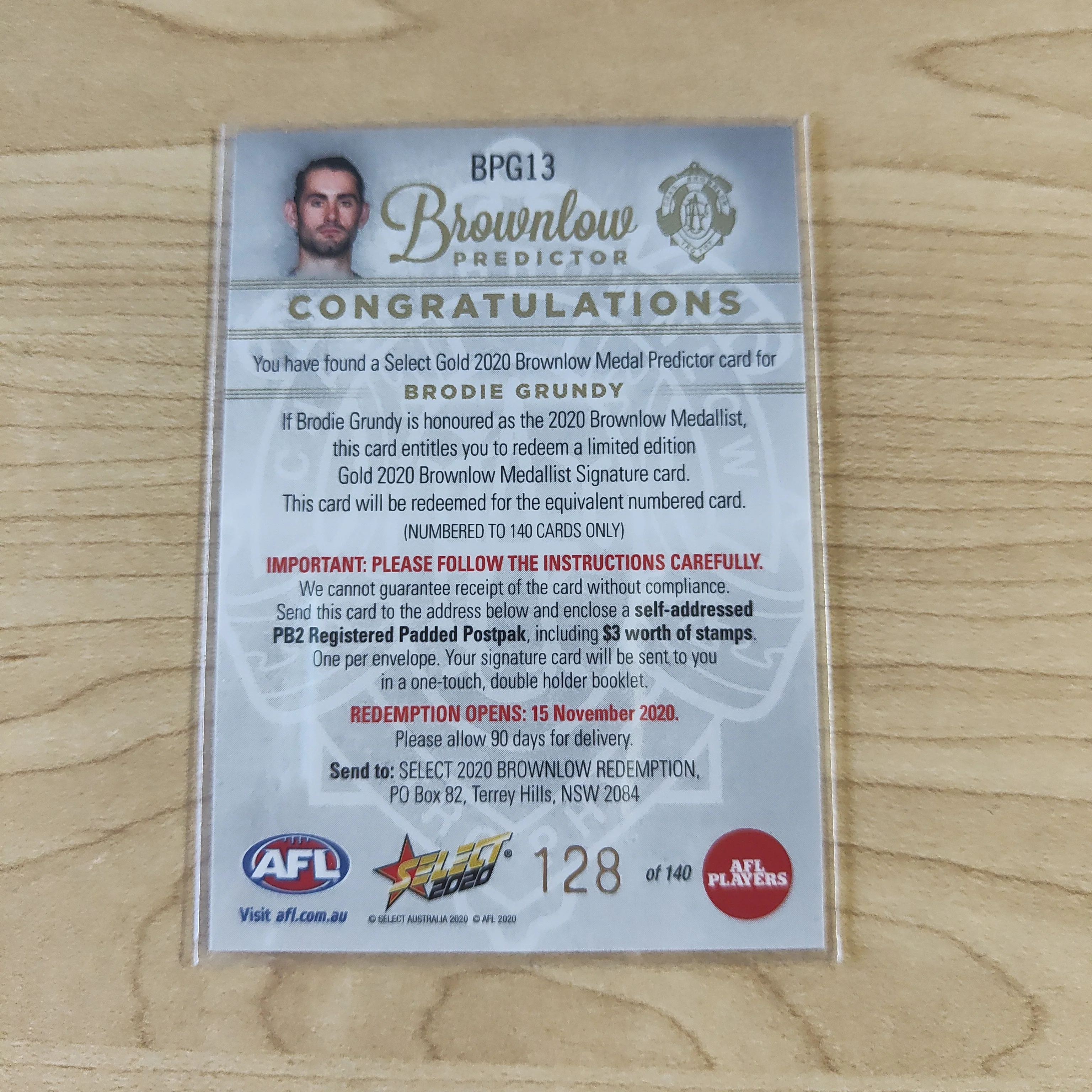 2020 AFL Select Brownlow Predictor Brodie Grundy Collingwood No.128/140 - Image 2