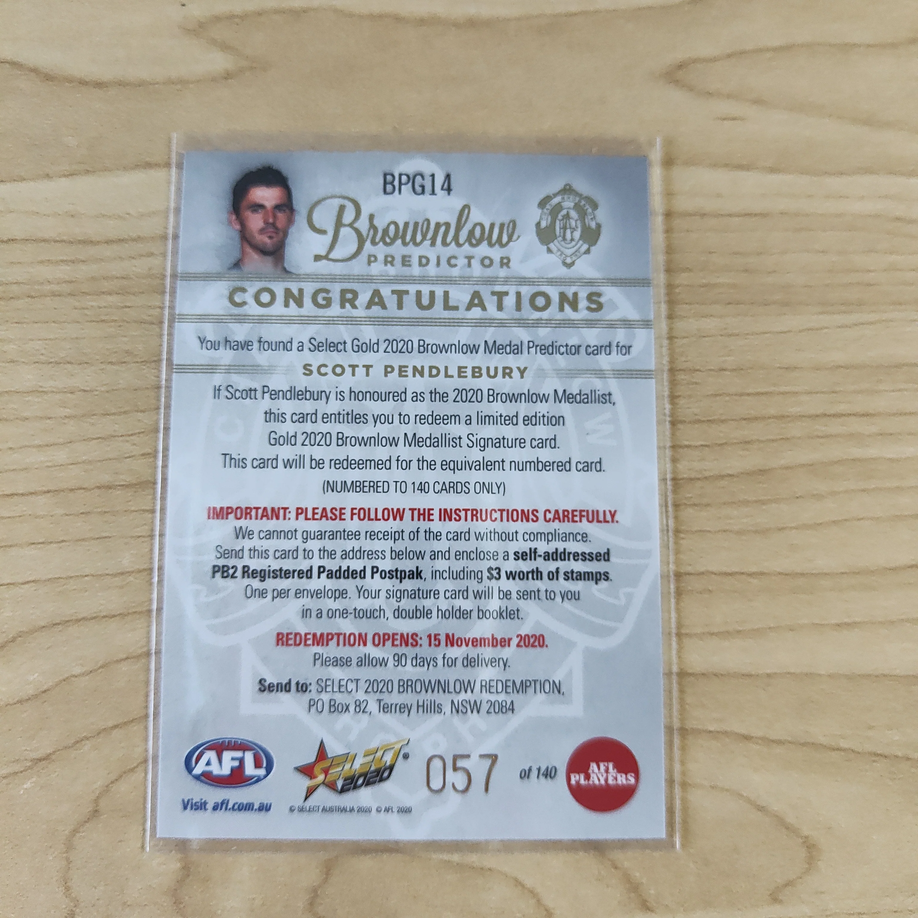 2020 AFL Select Brownlow Predictor Scott Pendlebury Collingwood No.057/140 - Image 2