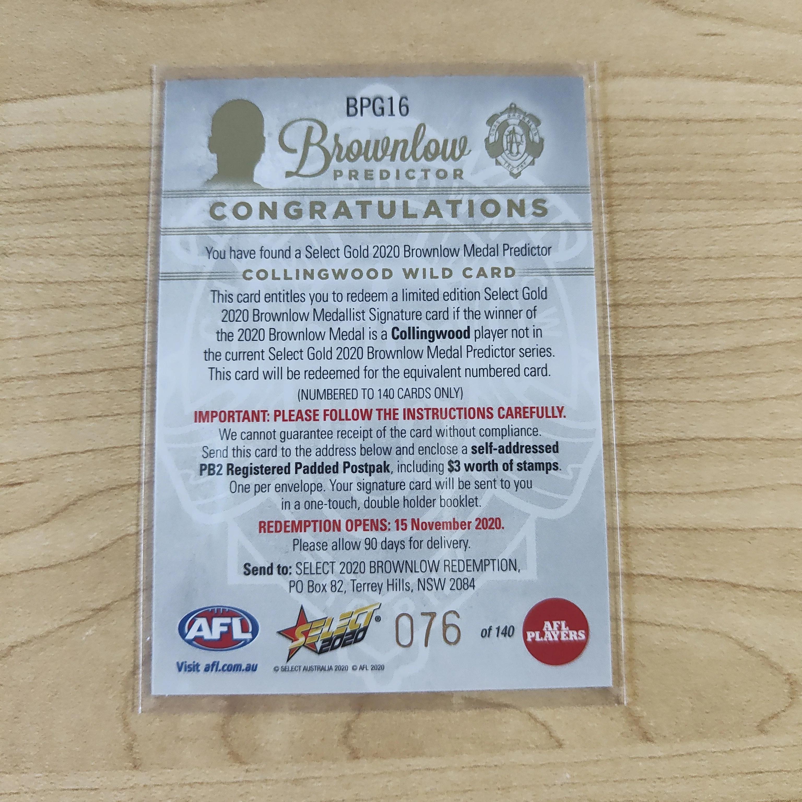2020 AFL Select Brownlow Predictor Wild Card Collingwood No.076/140 - Image 2