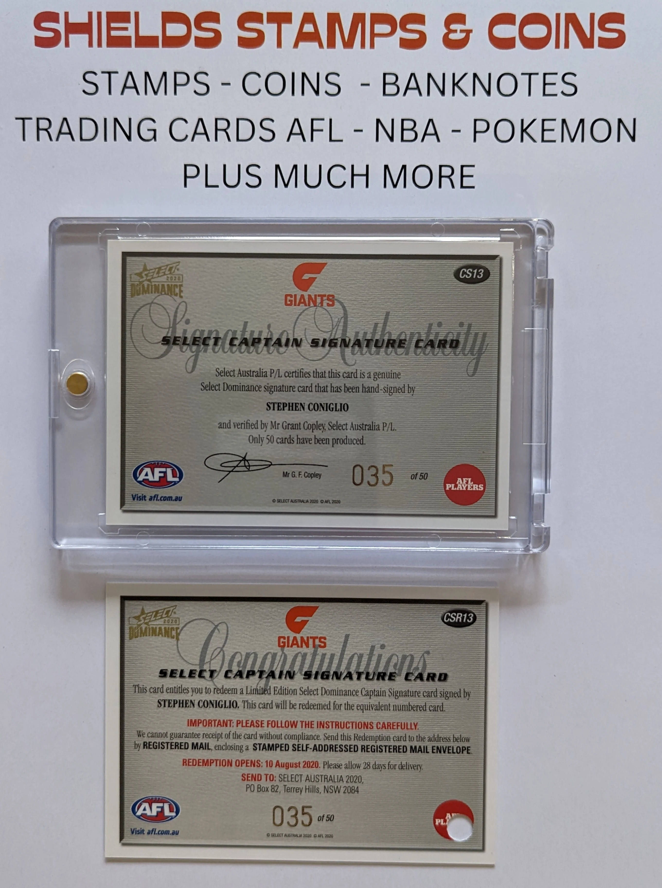 2020 AFL Select Dominance Captain Signature Stephen Coniglio Giants - Image 2