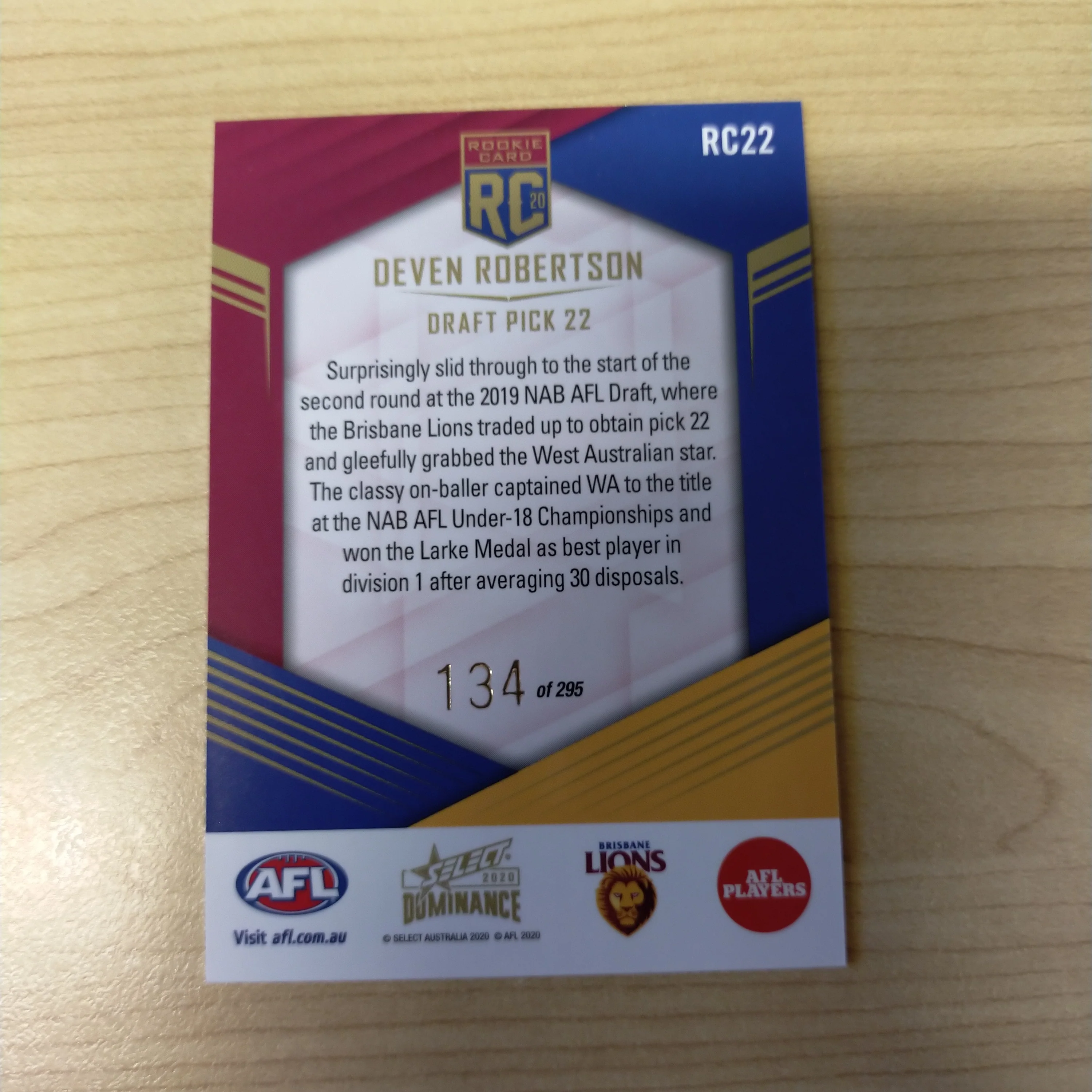 2020 AFL Select Dominance Deven Robertson Brisbane Rookie Card RC22 No. 134/295 - Image 2