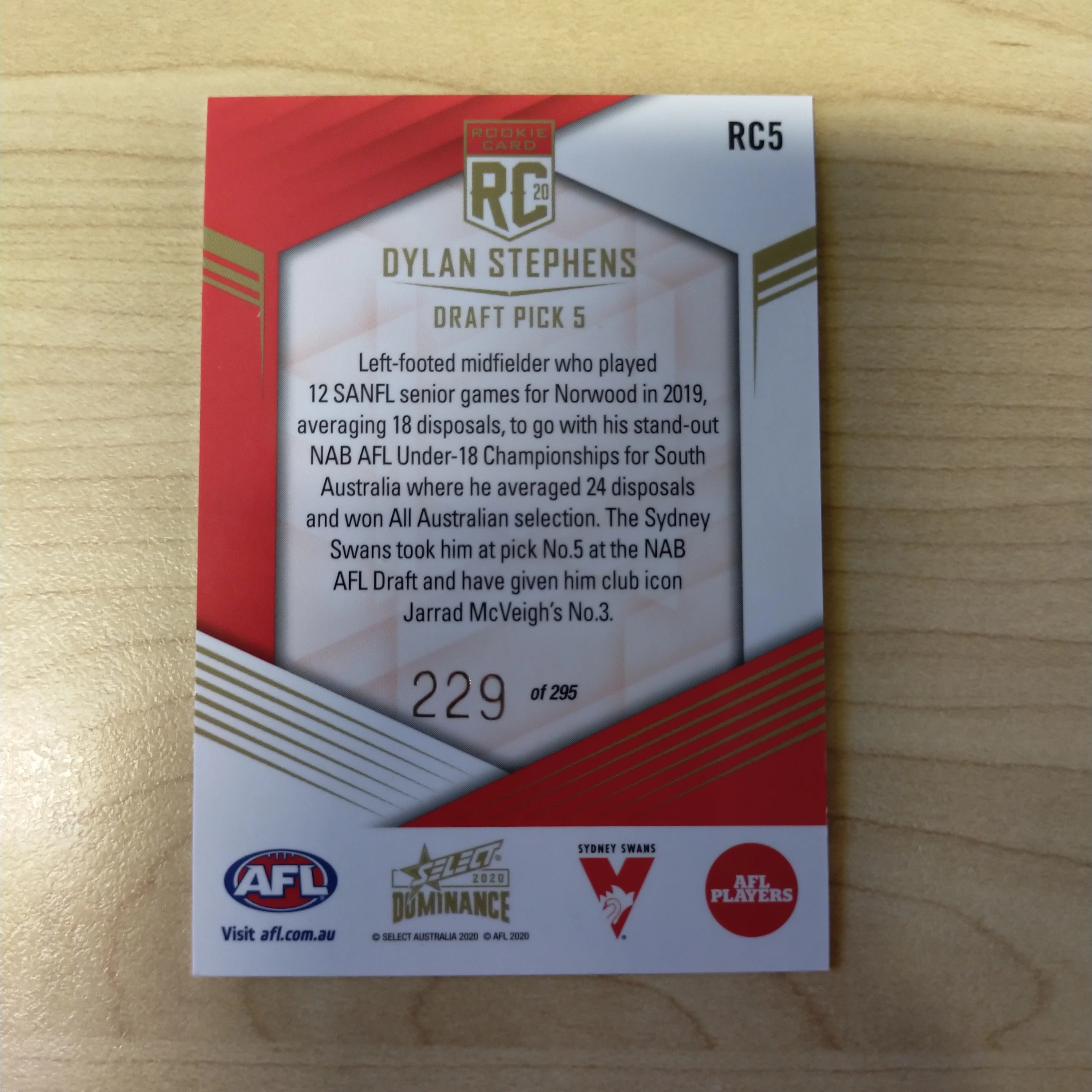 2020 AFL Select Dominance Dylan Stephens Sydney Rookie Card RC5 No. 229/295 - Image 2