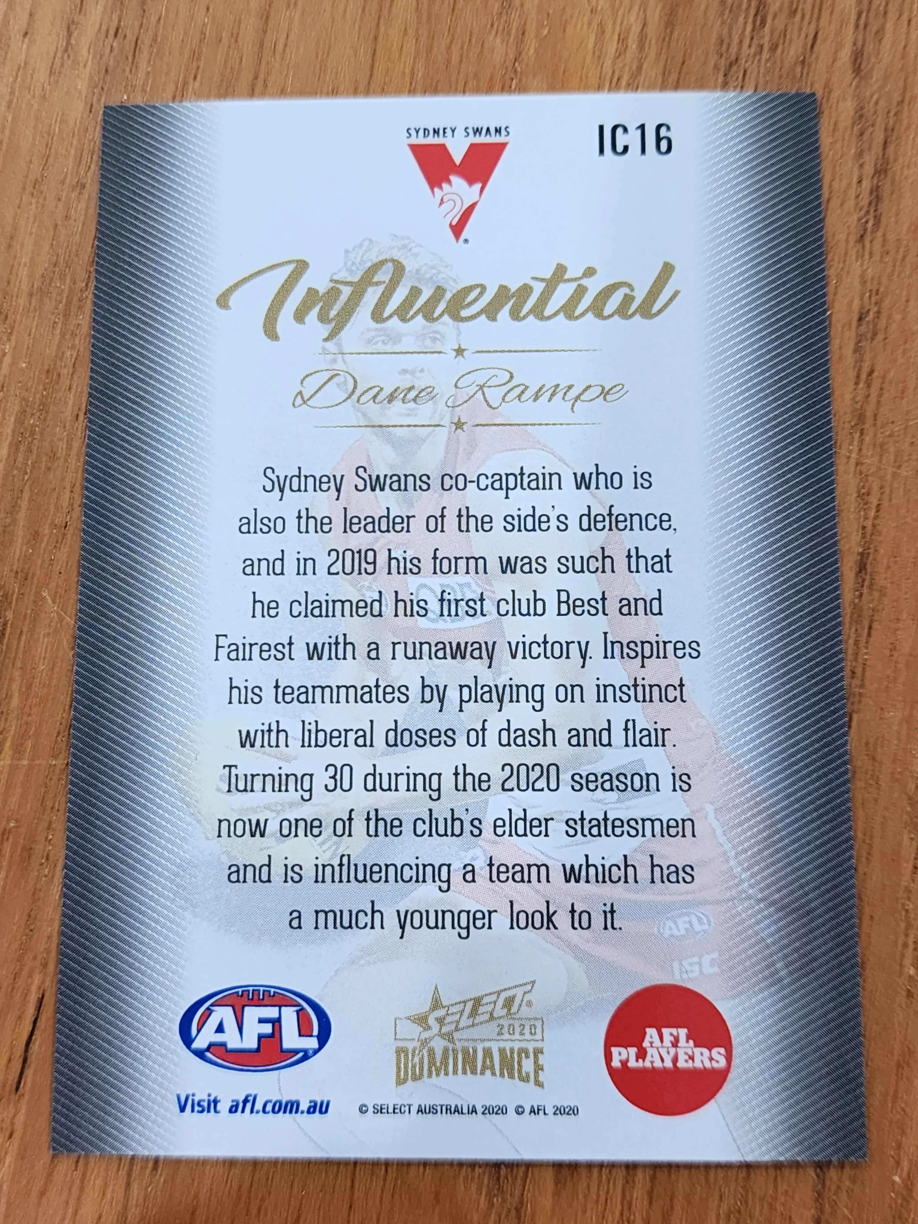 2020 AFL Select Dominance Influential Card Dane Rampe Sydney #39/40 - Image 2