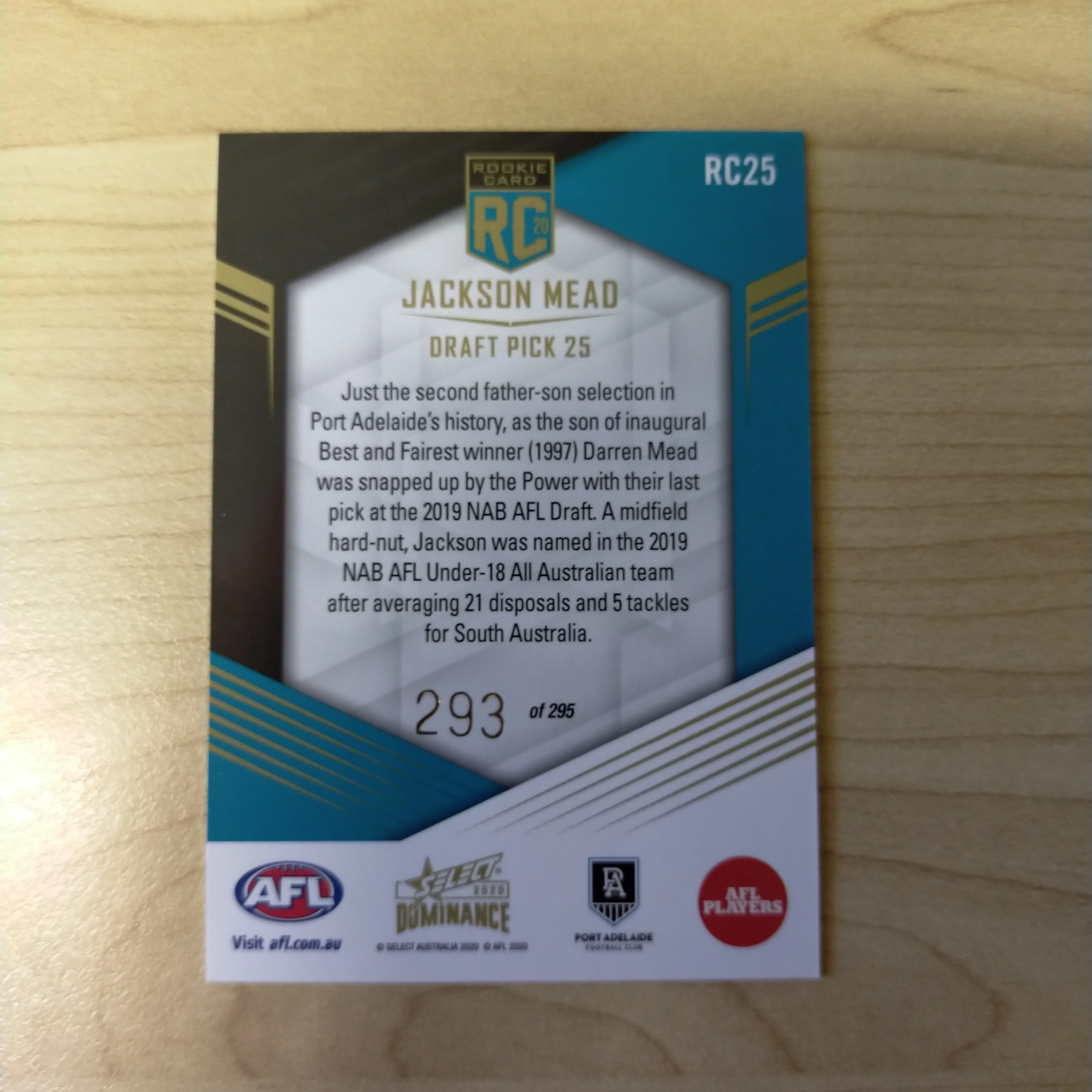 2020 AFL Select Dominance Jackson Mead Port Adelaide Rookie Card RC25 No. 293/295 - Image 2