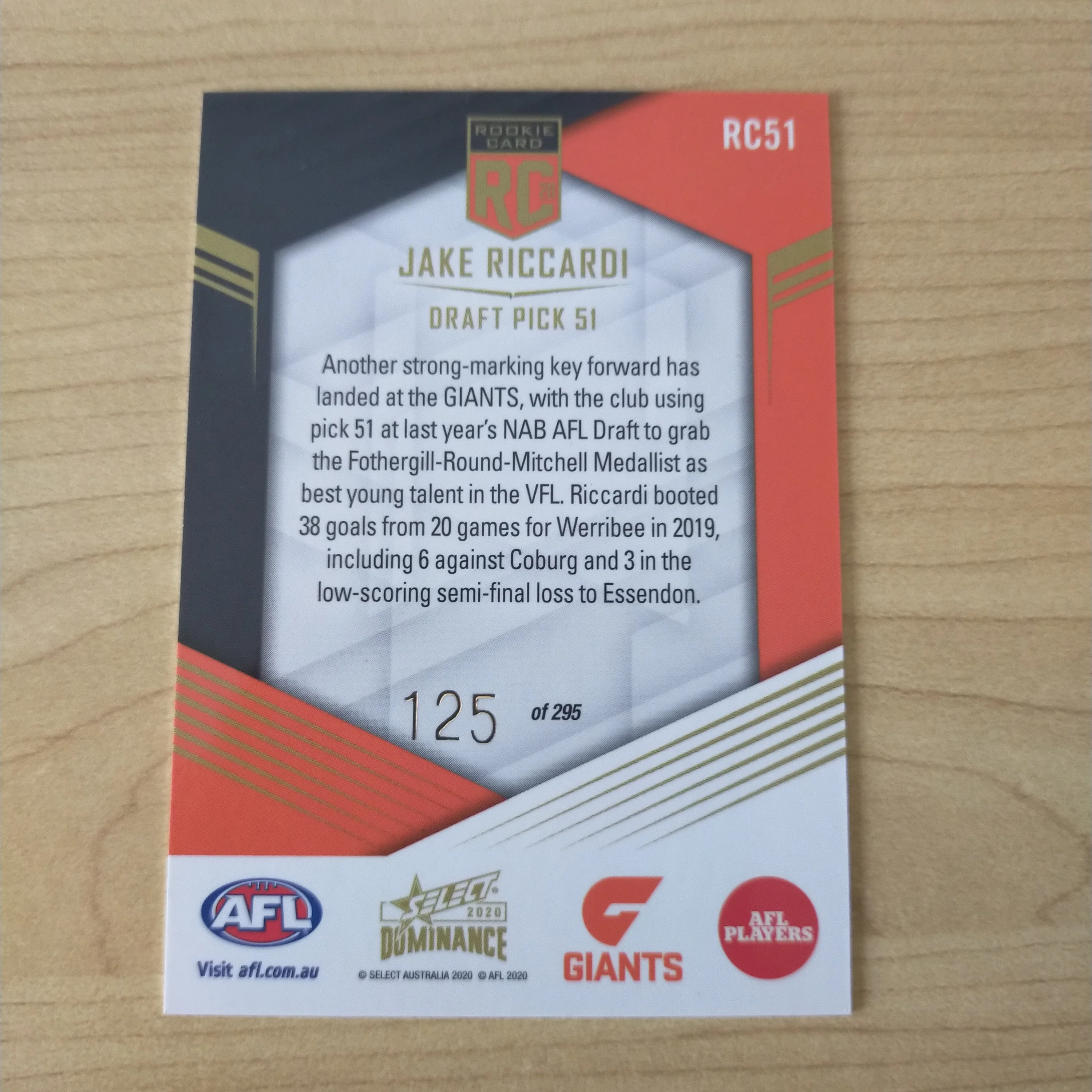 2020 AFL Select Dominance Jake Riccardi GWS Rookie Card RC51 No. 125/295 - Image 2