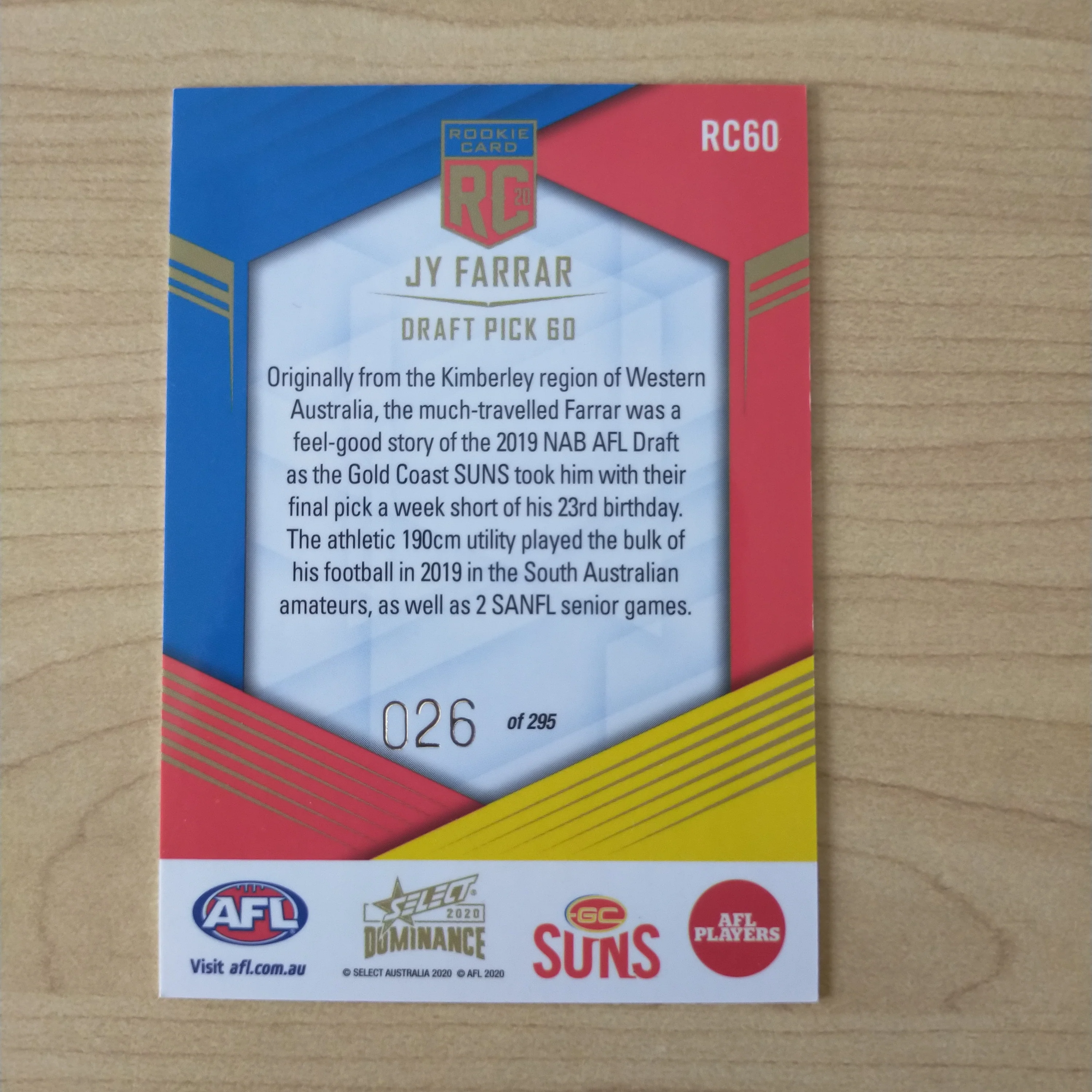 2020 AFL Select Dominance Jy Farrar Gold Coast Rookie Card RC60 No. 026/295 - Image 2