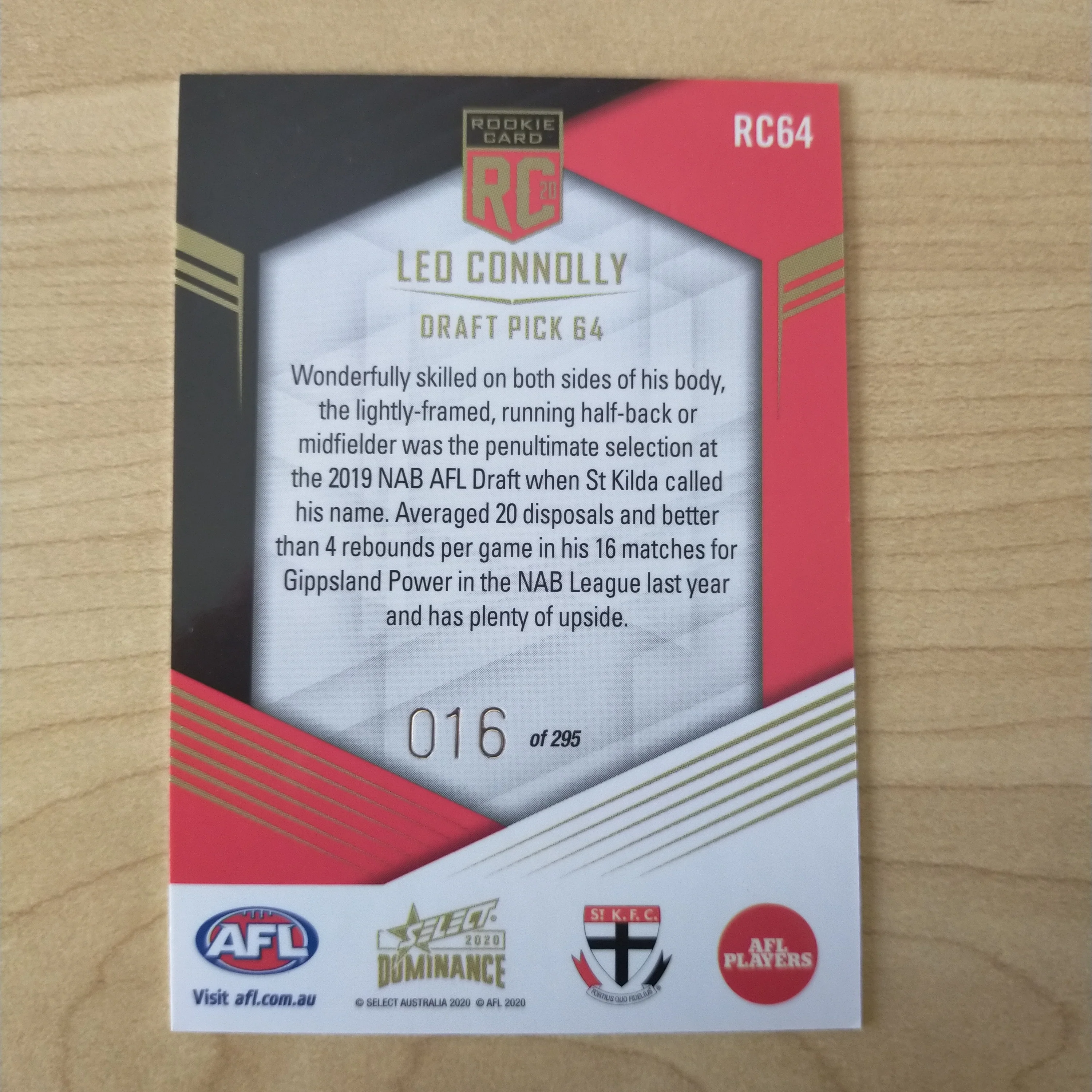 2020 AFL Select Dominance Leo Connolly St Kilda Rookie Card RC64 No. 016/295 - Image 2