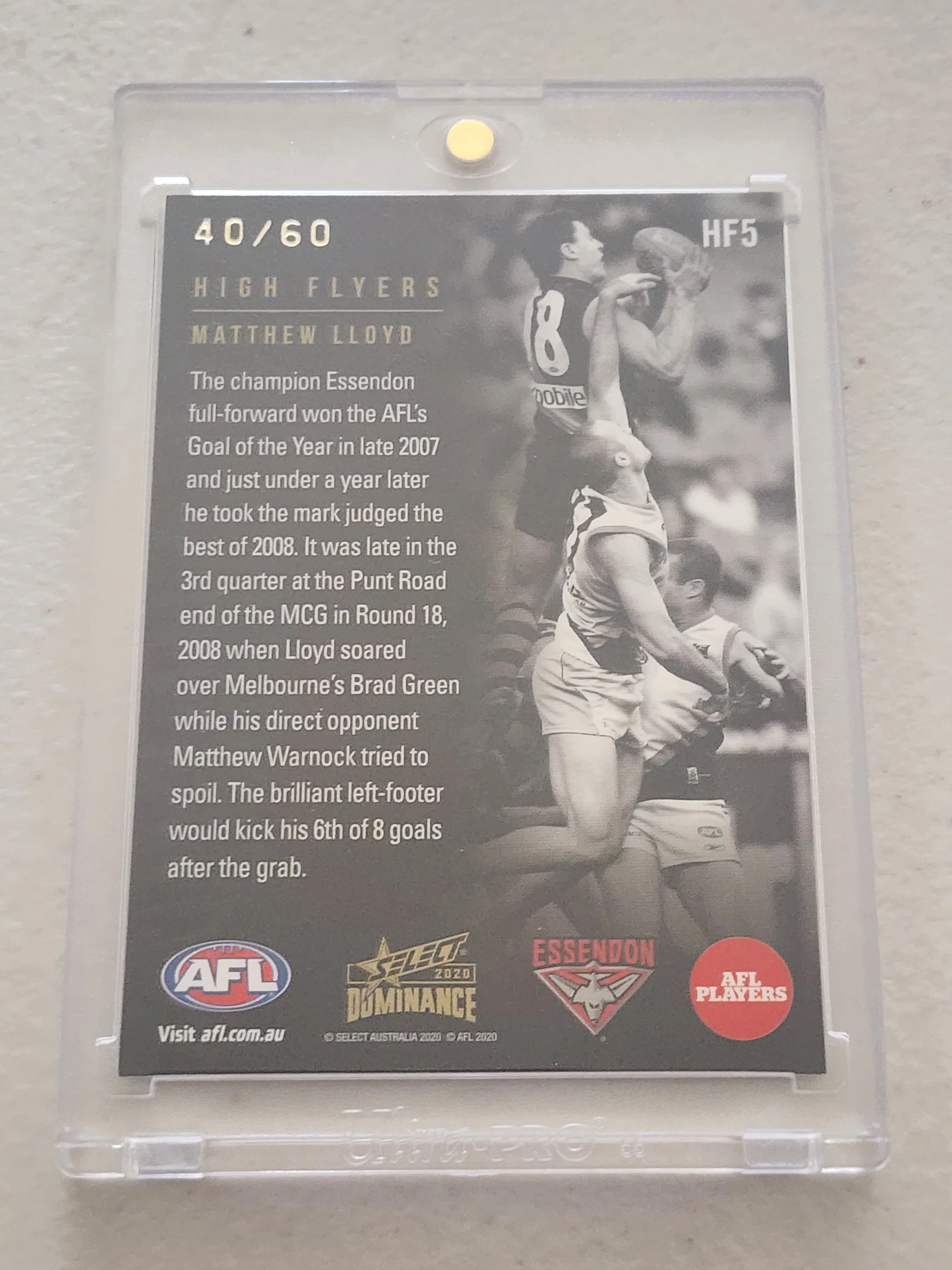 2020 AFL Select Dominance Matthew Lloyd High Flyers Essendon 40/60 HF5 - Image 2