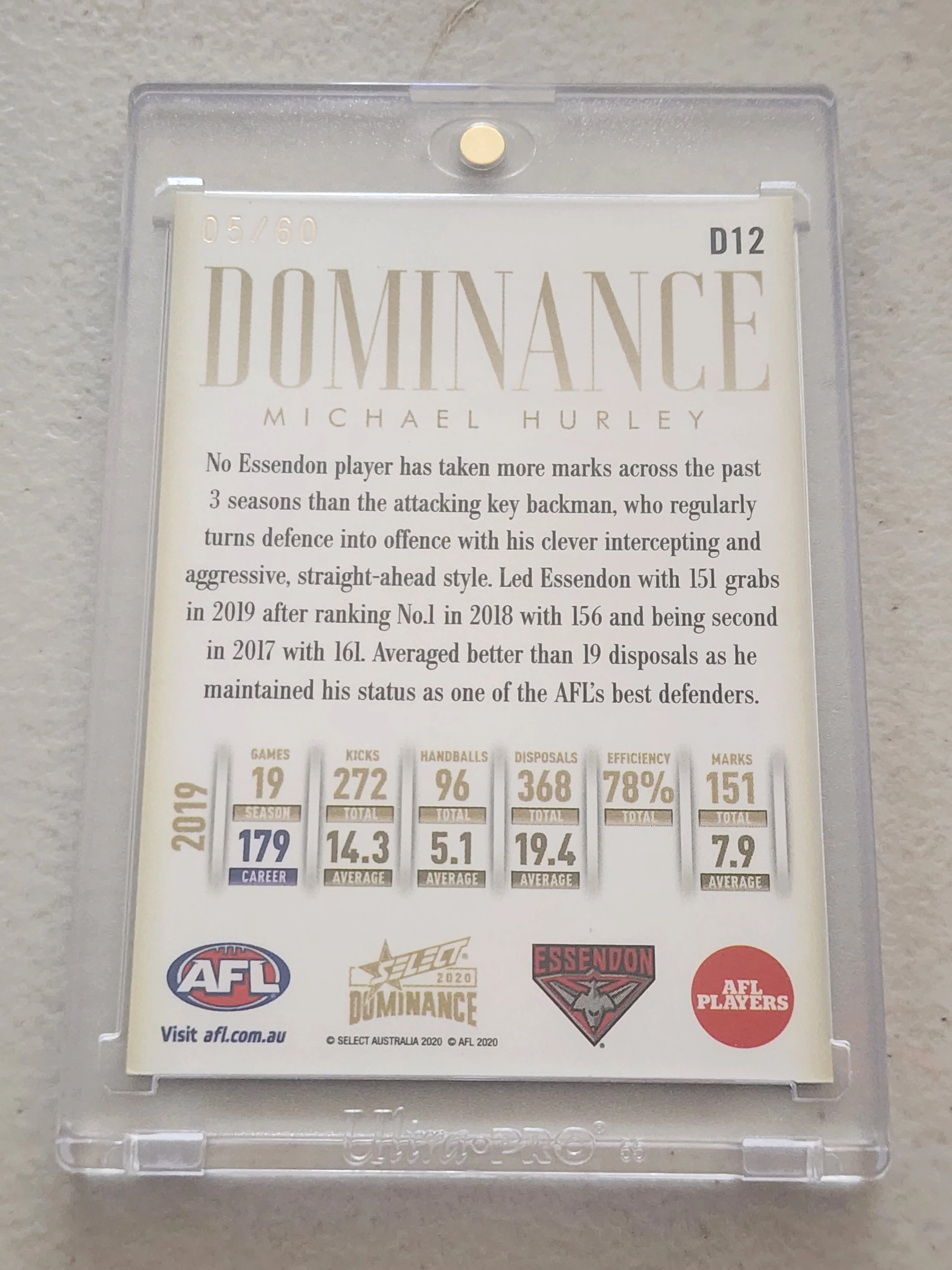2020 AFL Select Dominance Michael Hurley Essendon LOW 5/60 D12 - Image 2