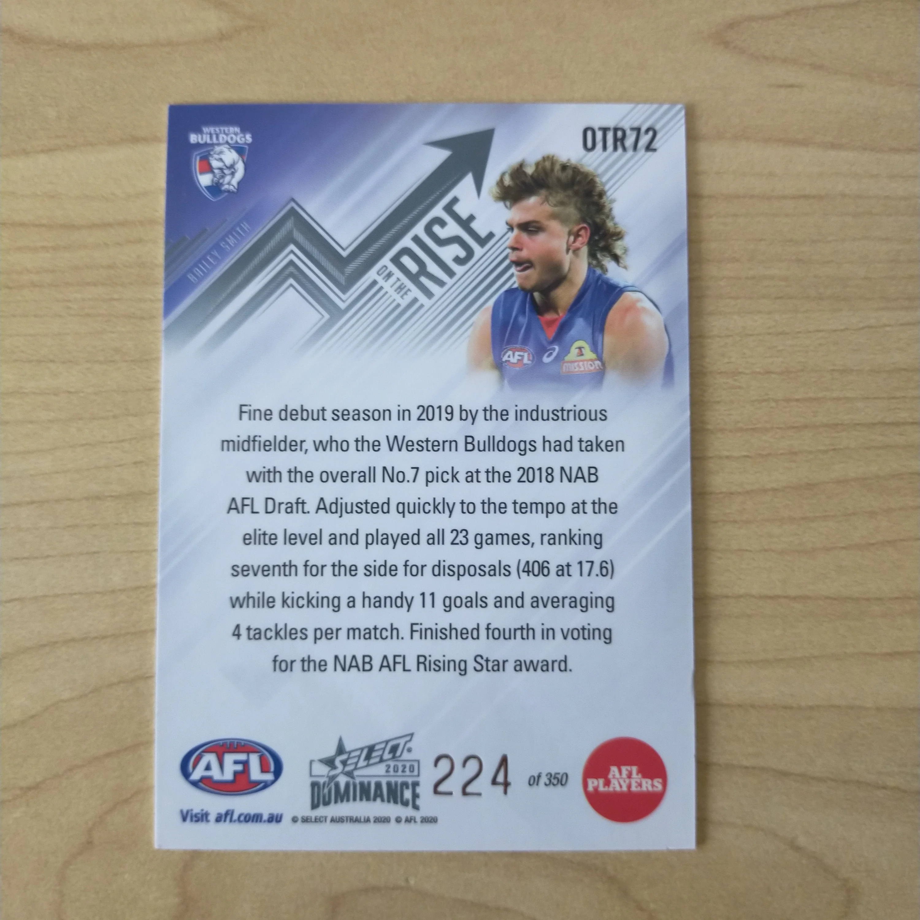 2020 AFL Select Dominance On The Rise Bailey Smith Western Bulldogs No. 224/350 - Image 2