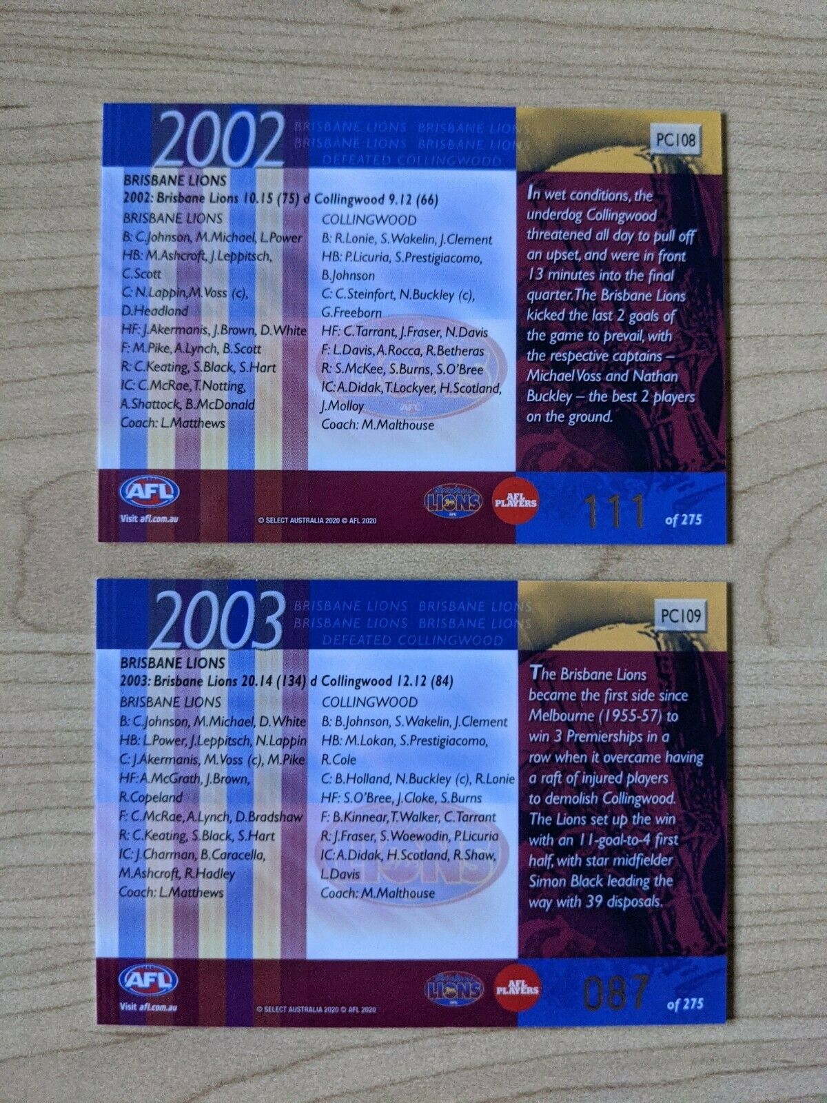 2020 AFL Select Dominance PREMIERSHIP COMMEMORATIVES BRISBANE 2002 & 2003 - Image 2