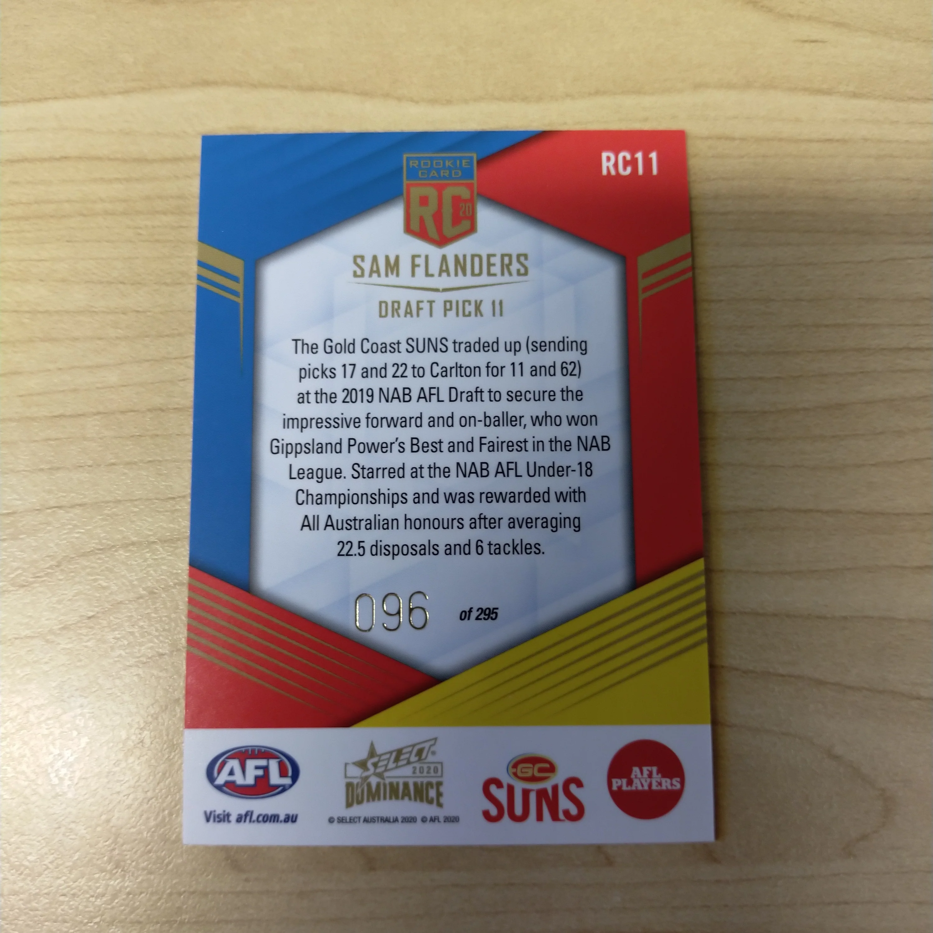 2020 AFL Select Dominance Sam Flanders Gold Coast Rookie Card RC11 No. 096/295 - Image 2
