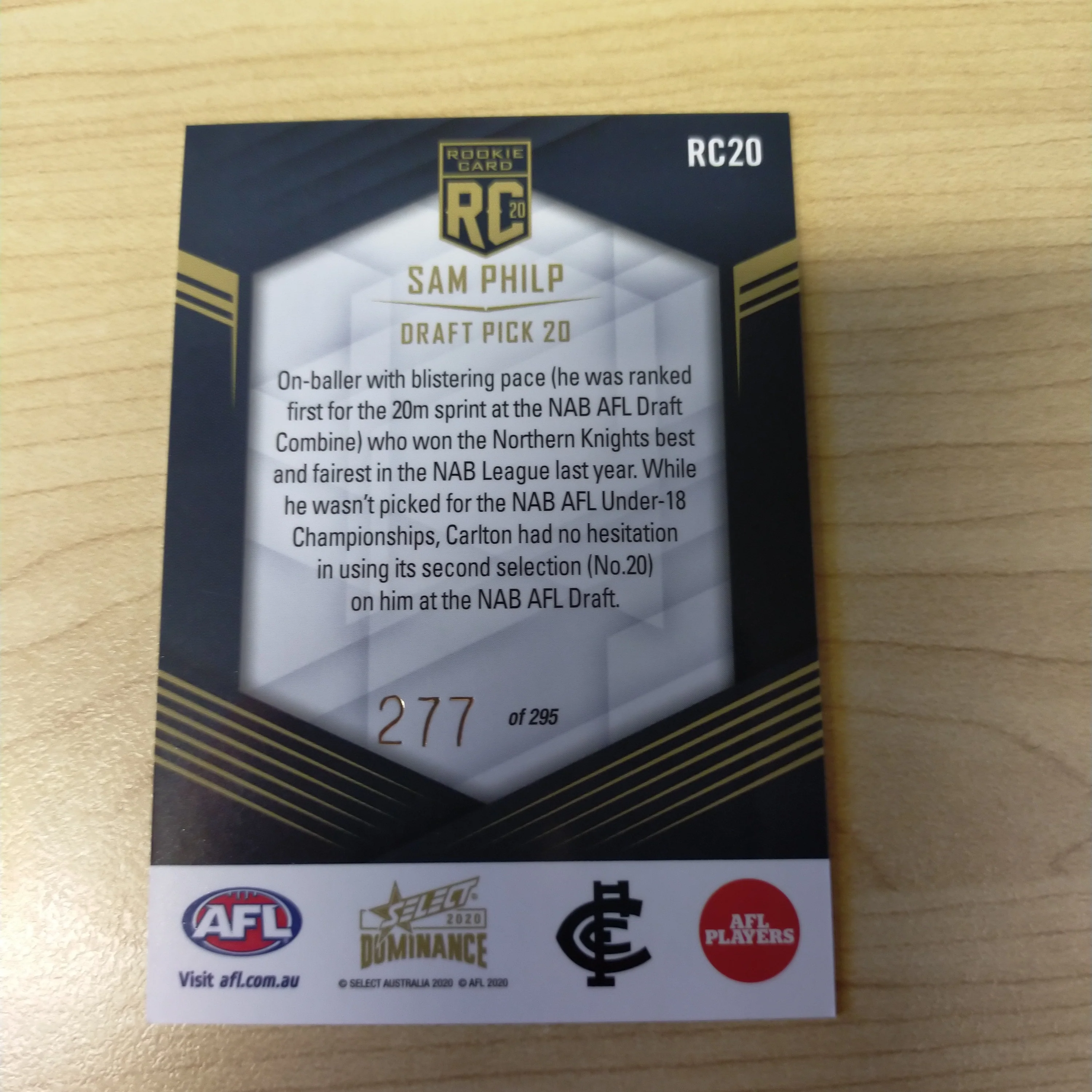2020 AFL Select Dominance Sam Philp Carlton Rookie Card RC20 No. 277/295 - Image 2