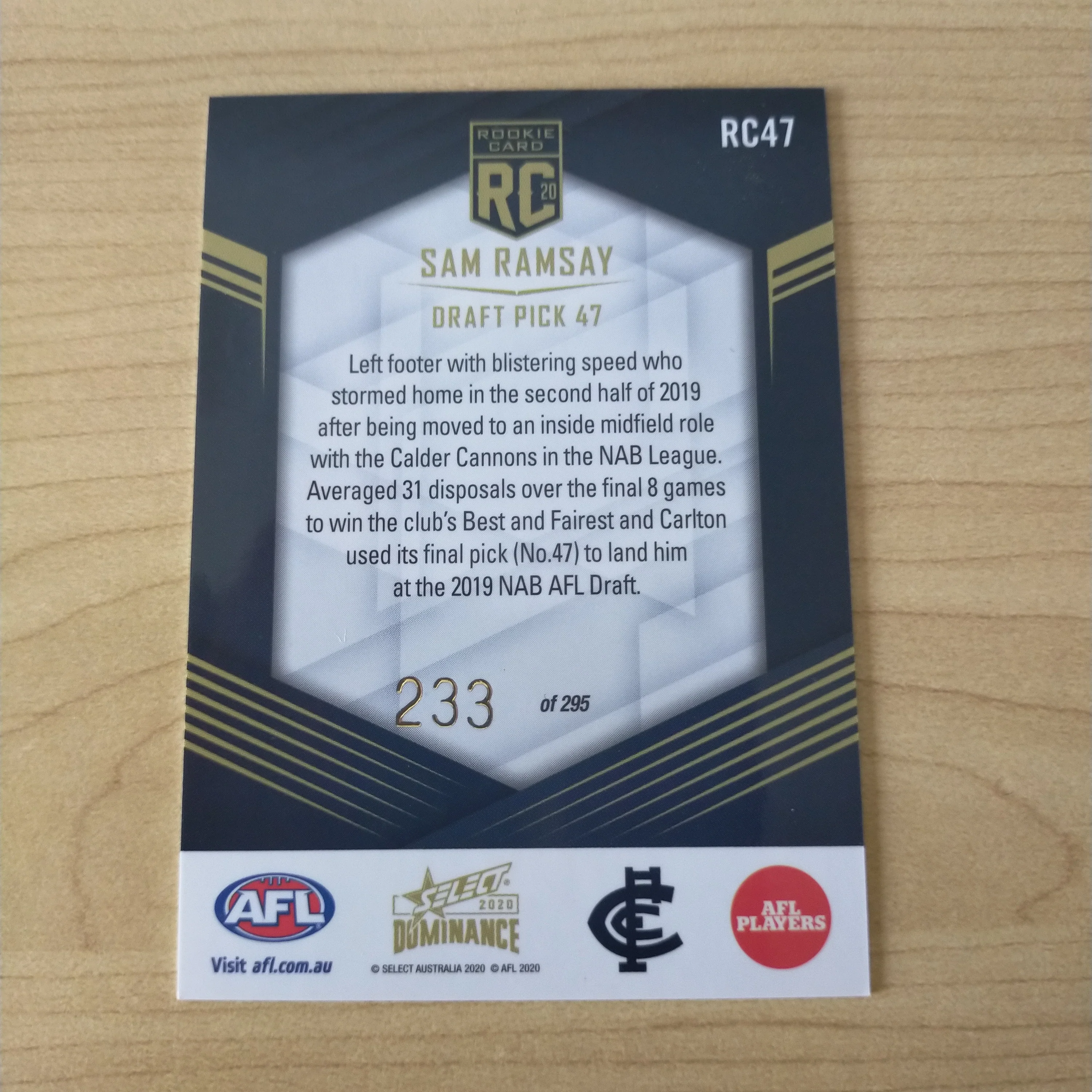 2020 AFL Select Dominance Sam Ramsay Carlton Rookie Card RC47 No. 233/295 - Image 2
