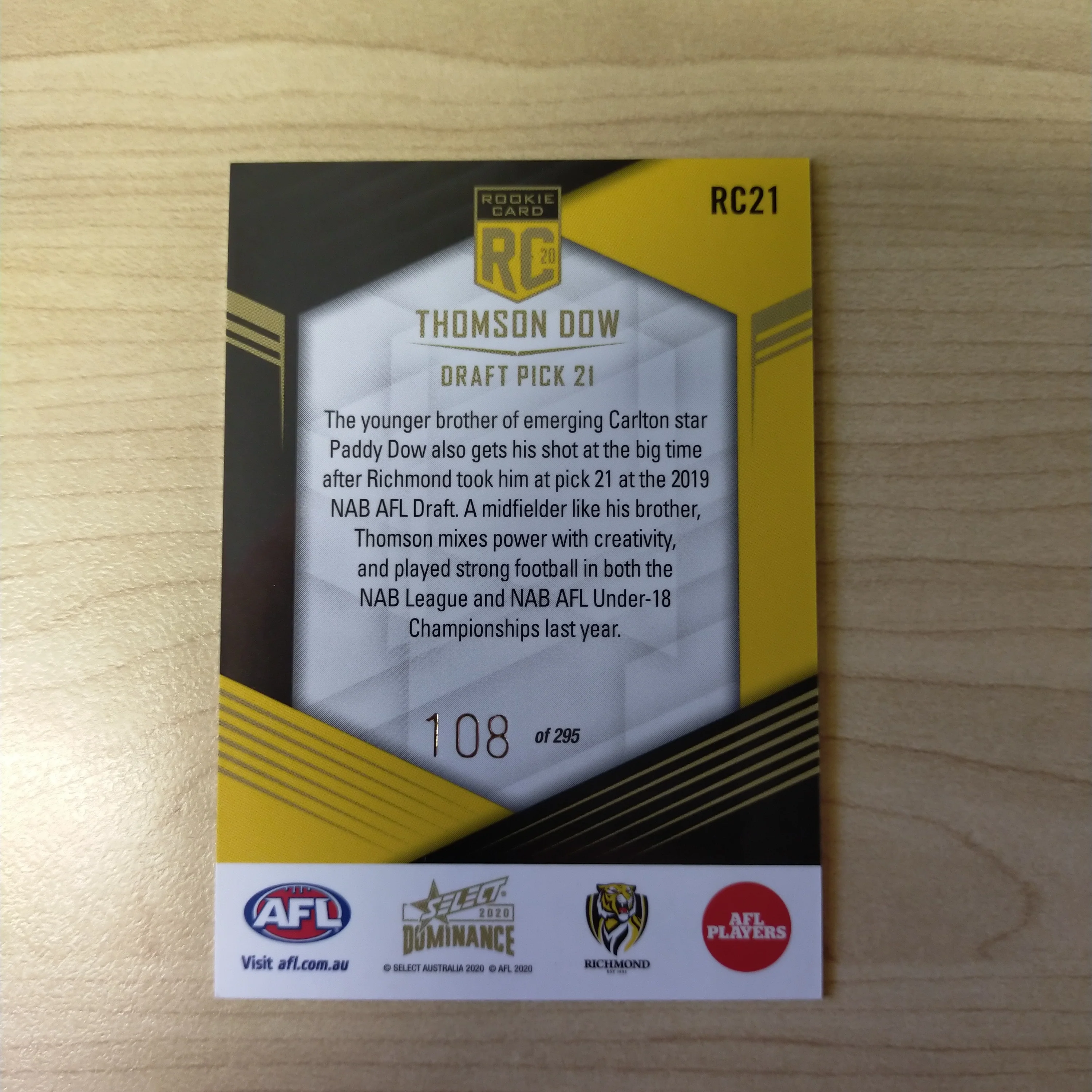 2020 AFL Select Dominance Thomson Dow Richmond Rookie Card RC21 No. 108/295 - Image 2