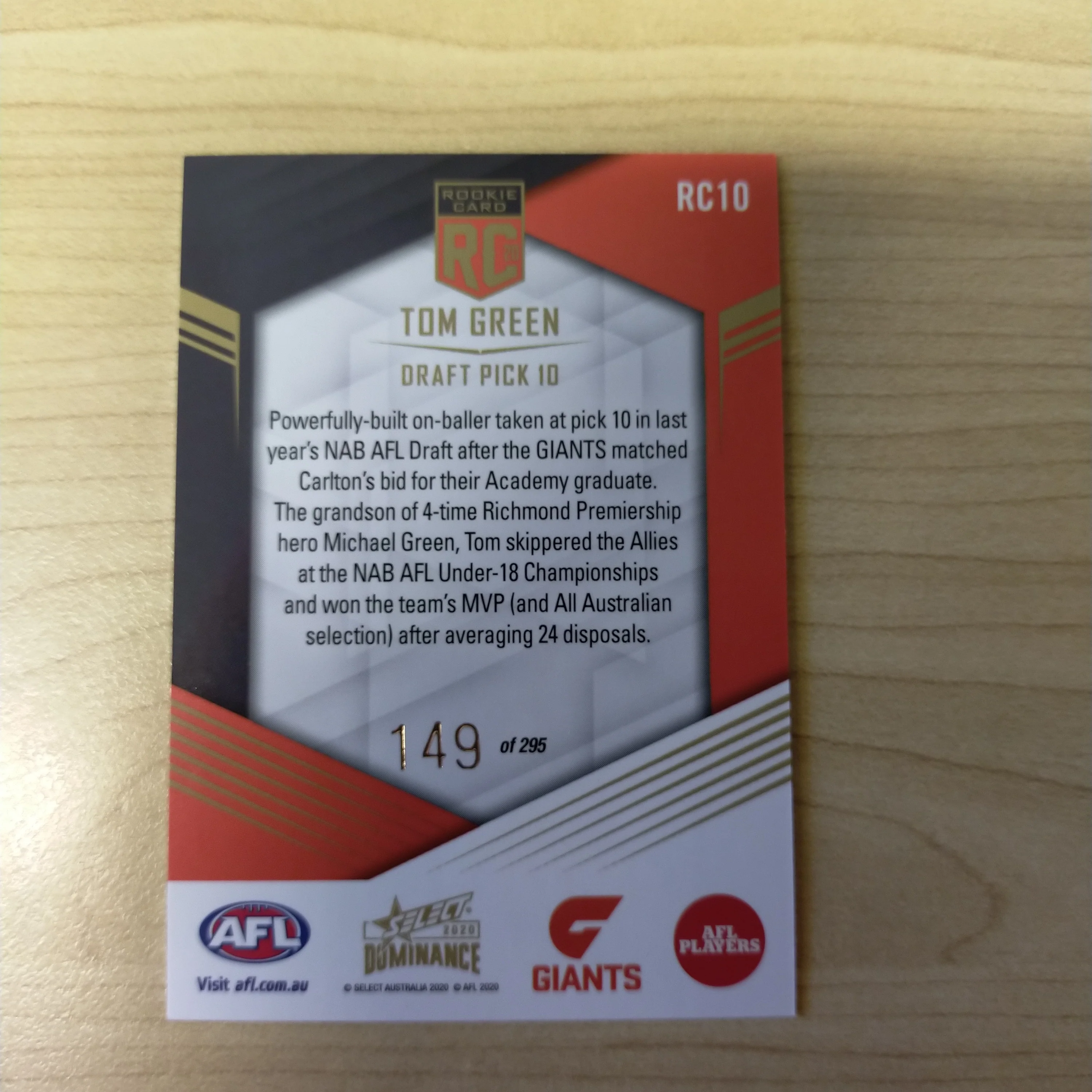 2020 AFL Select Dominance Tom Green GWS Rookie Card RC10 No. 149/295 - Image 2