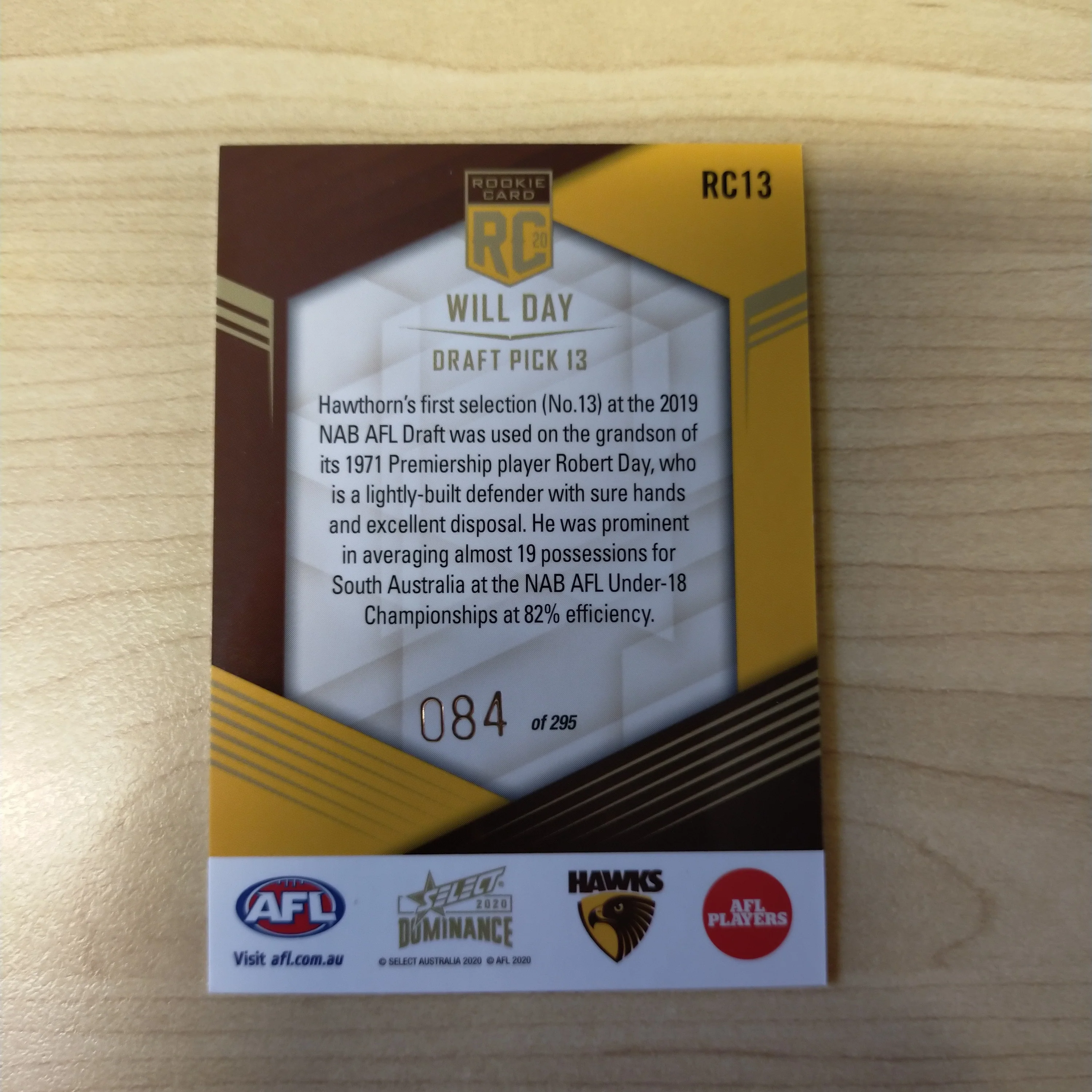 2020 AFL Select Dominance Will Day Hawthorn Rookie Card RC13 No. 084/295 - Image 2