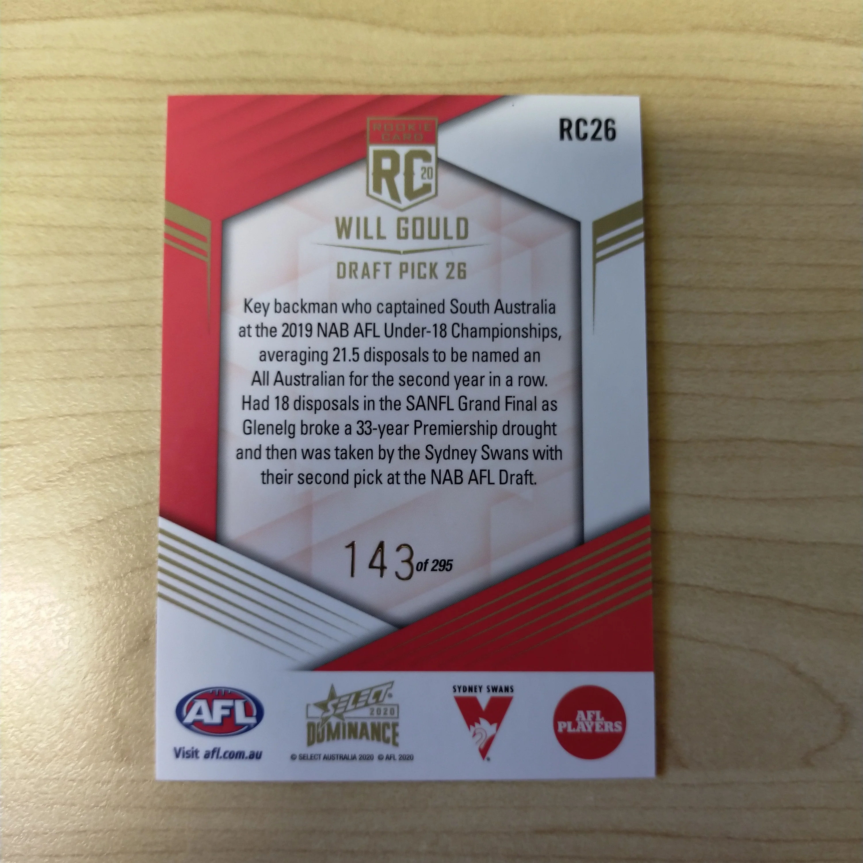 2020 AFL Select Dominance Will Gould Sydney Rookie Card RC26 No. 143/295 - Image 2