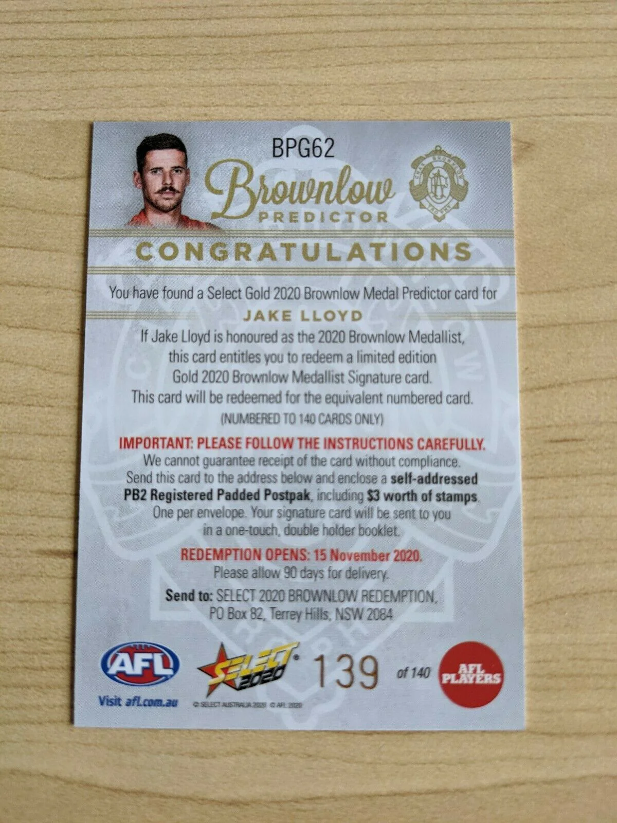 2020 AFL Select FOOTY STARS BROWNLOW PREDICTOR JAKE LLOYD 139/140 - Image 2